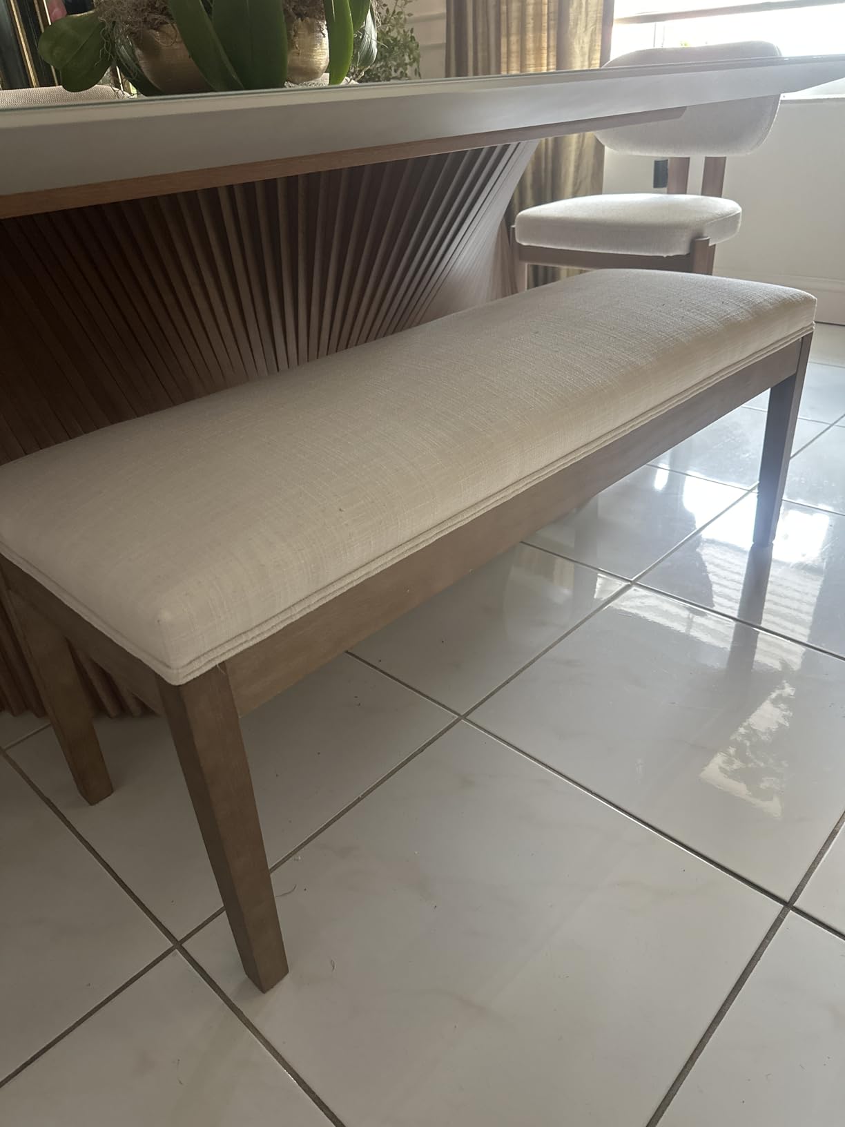 Linen Dining Bench Upholstered Entryway Bench Farmhouse Shoe Bench Seat Ottoman for Hallway Living Room Bedroom End of Bed Dining Room Kitchen, 45.5