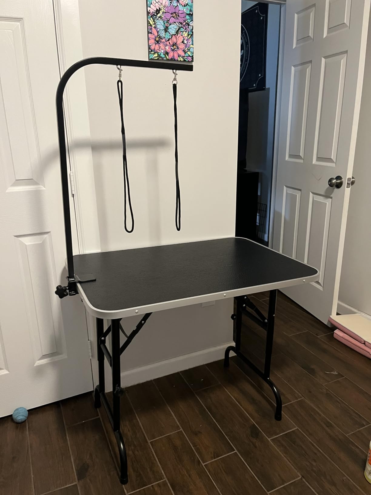 LEIBOU 45'' Height Adjustable(23''~33.8'') and Foldable Pet Dog Grooming Table Heavy Duty Iron Frame with H-Shape Grooming Arm & Noose, Maximum Capacity Up to 260lbs, Black customer photo 1