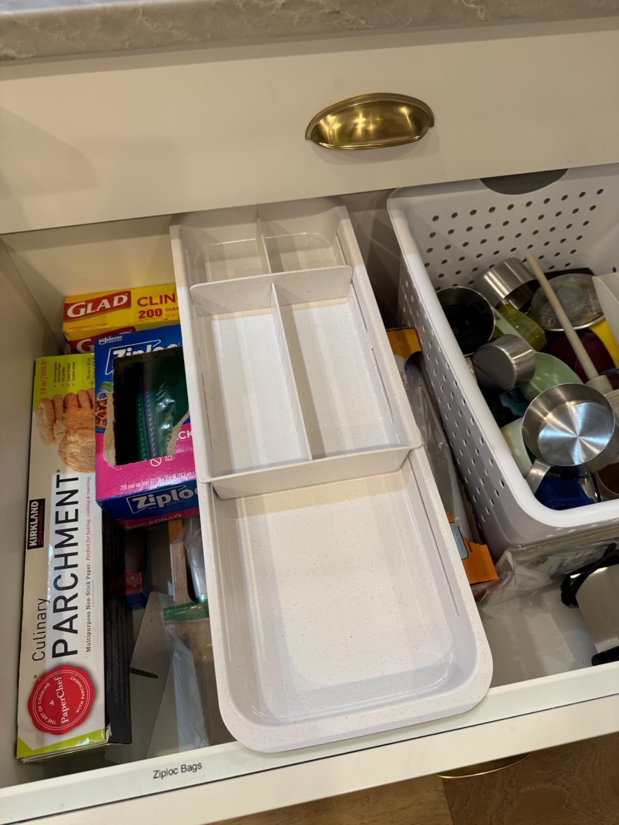 YouCopia DrawerFit Sliding Drawer Bin, Expandable and Adjustable Kitchen Storage Organizer, Speckled White customer photo 2