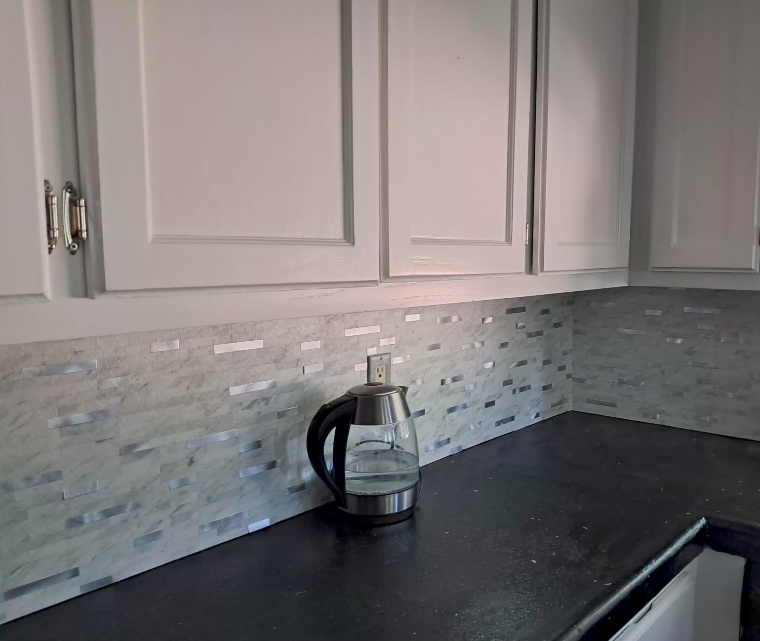 StyloVue 20 Sheets Peel and Stick Backsplash for Kitchen, White Marble with Metal Silver Look Stick on Tile Upgrade Your Kitchen Backsplash, RV, Fireplace customer photo 1