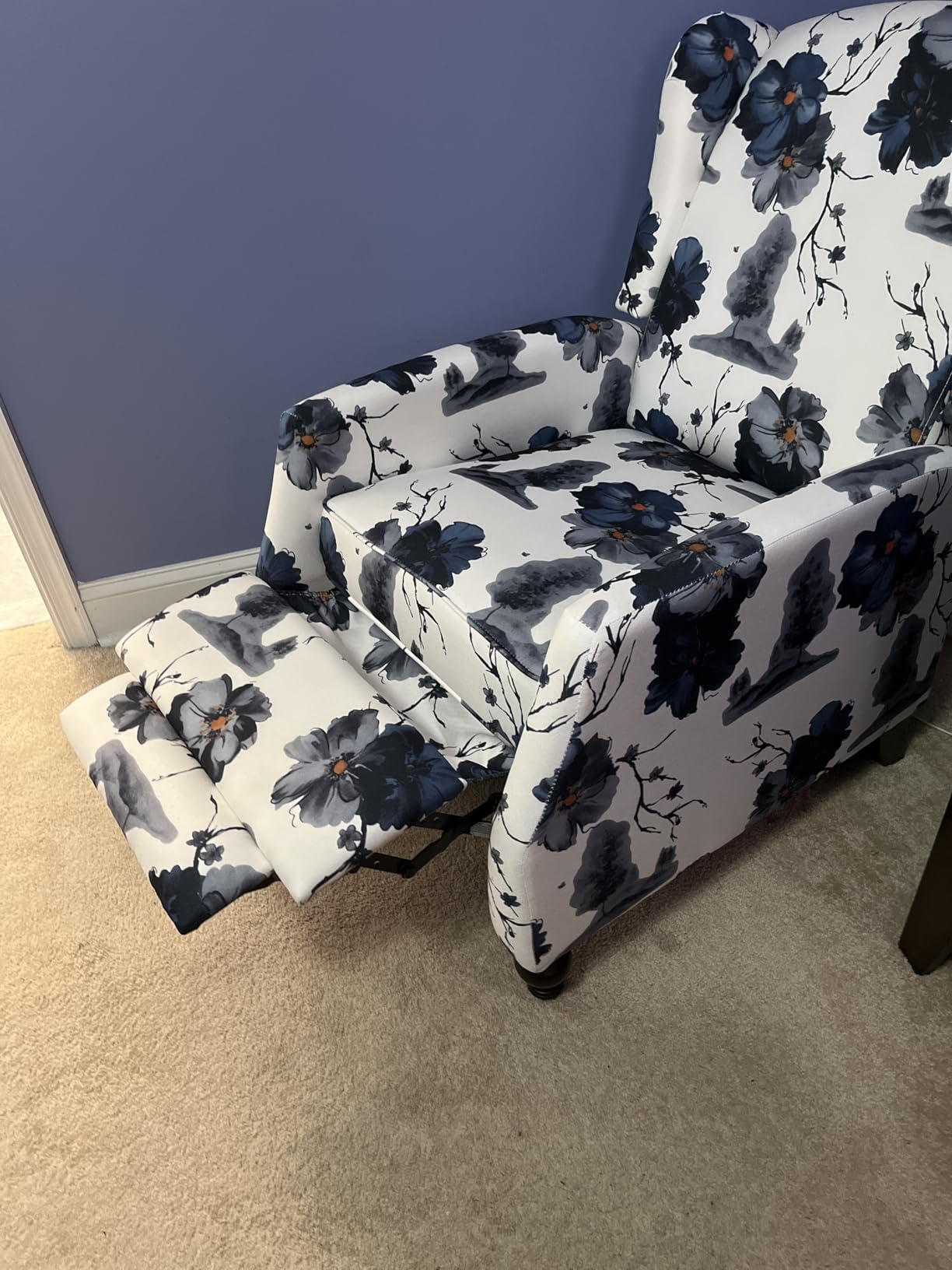 Wingback Recliner Chair, Push Back Arm Chair (1, Blue Floral) Mid Century Modern Manual Recliner, Recliner Chair for Living Room, Bedroom, Home Theater customer photo 1