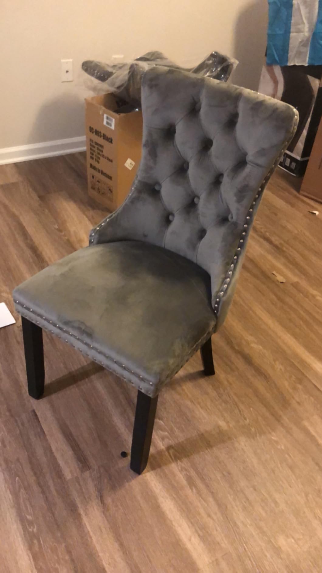 Grey Velvet Dining Chairs Set of 4, Tufted Back with Ring Pull customer photo 2
