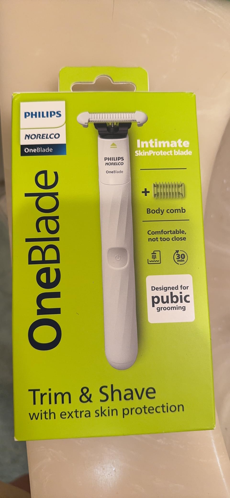 Philips Norelco OneBlade Intimate Trimmer and Shaver with Skin Protection | SkinProtect Blade, Designed for Pubic Grooming, 100% Showerproof, 30-Min Runtime, Includes Body Comb, QP1924/70 customer photo 1