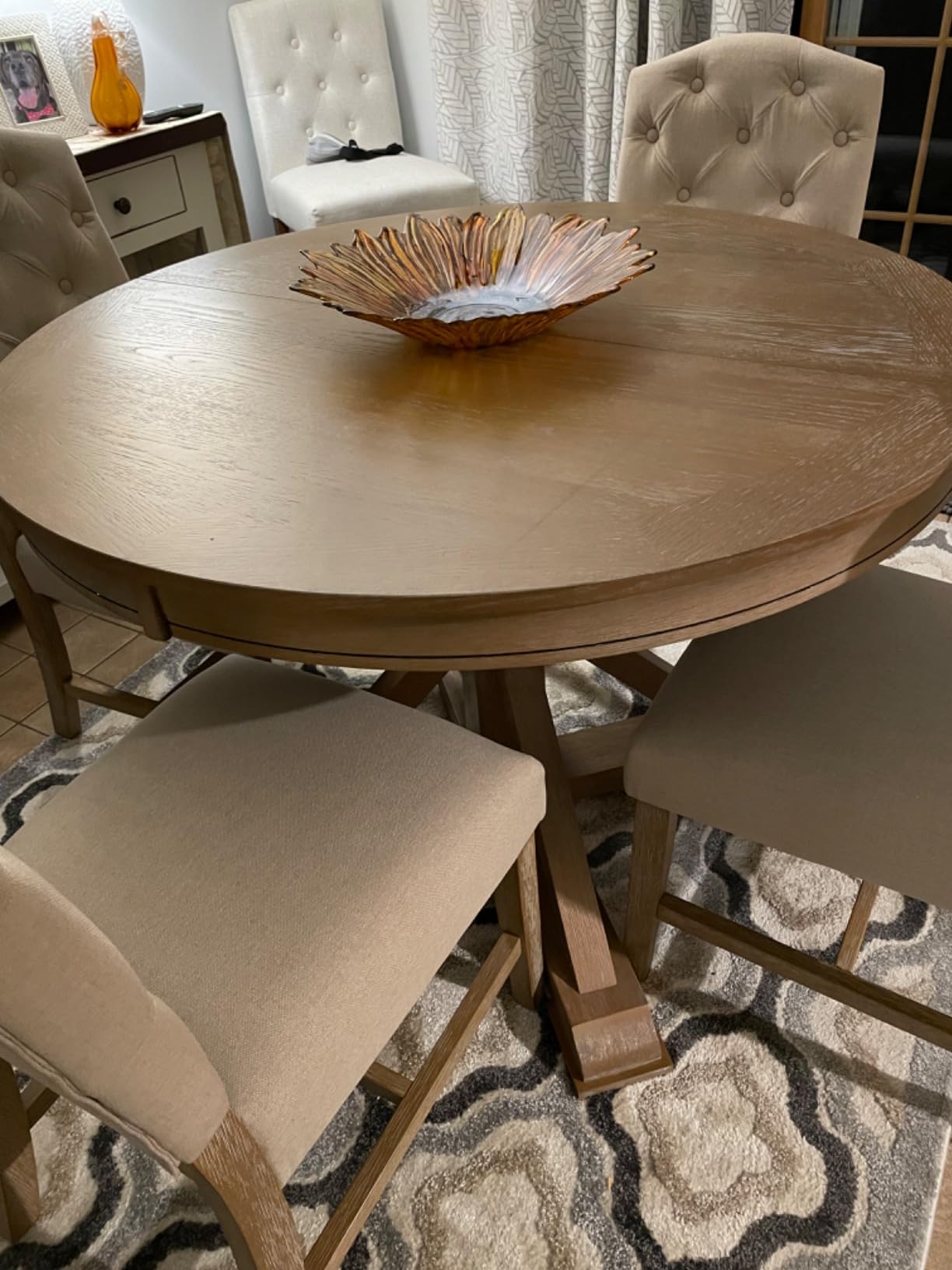 LUMISOL Round Dining Table Set for 4, Farmhouse Kitchen Table Set with Extendable Round Dining Table & 4 Upholstered Chairs, 5-Piece Solid Wood Table and Chairs Set for Dining Room, Natural customer photo 1