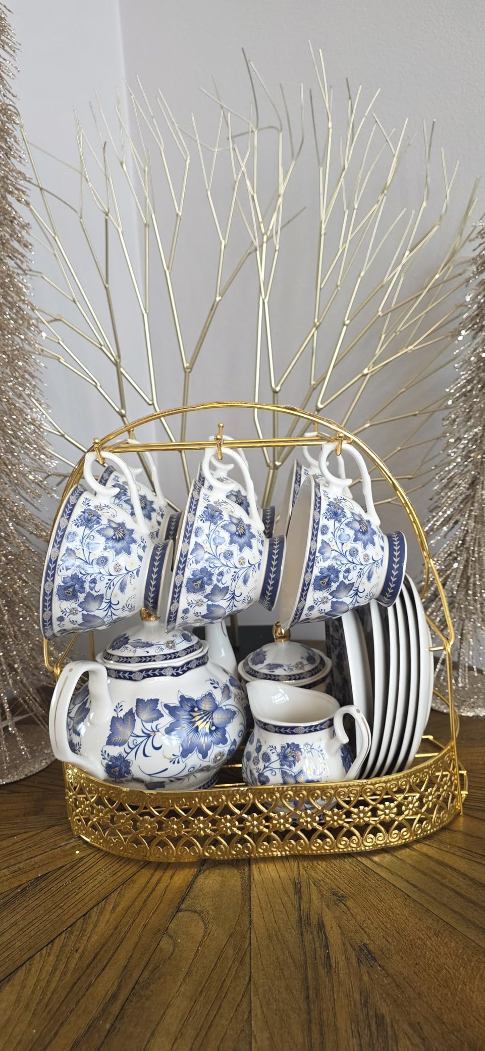 fanquare Porcelain Tea Sets, Blue British Coffee Cups & Saucer Service for 6, with Teapot, Sugar Bowl, Creamer Pitcher and Golden Metal Rack customer photo 2