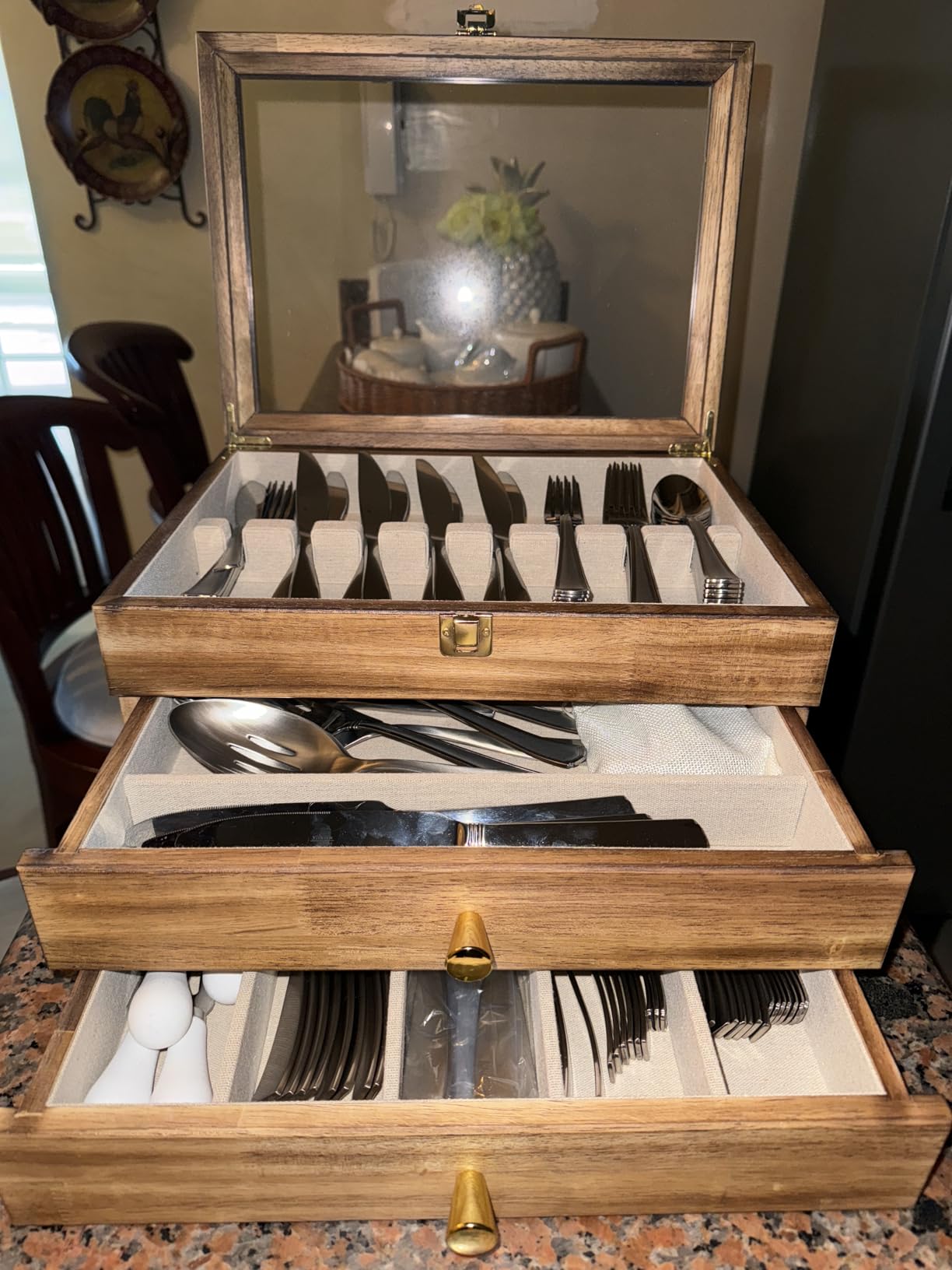 Silverware Box, 3-Layer Wooden Silverware Storage Box with Glass Lid, 14.5x10.6 Inches Luxury Style Decor Flatware Storage Case for Fine Flatware & Utensils, Gift Idea (Walnut) customer photo 2