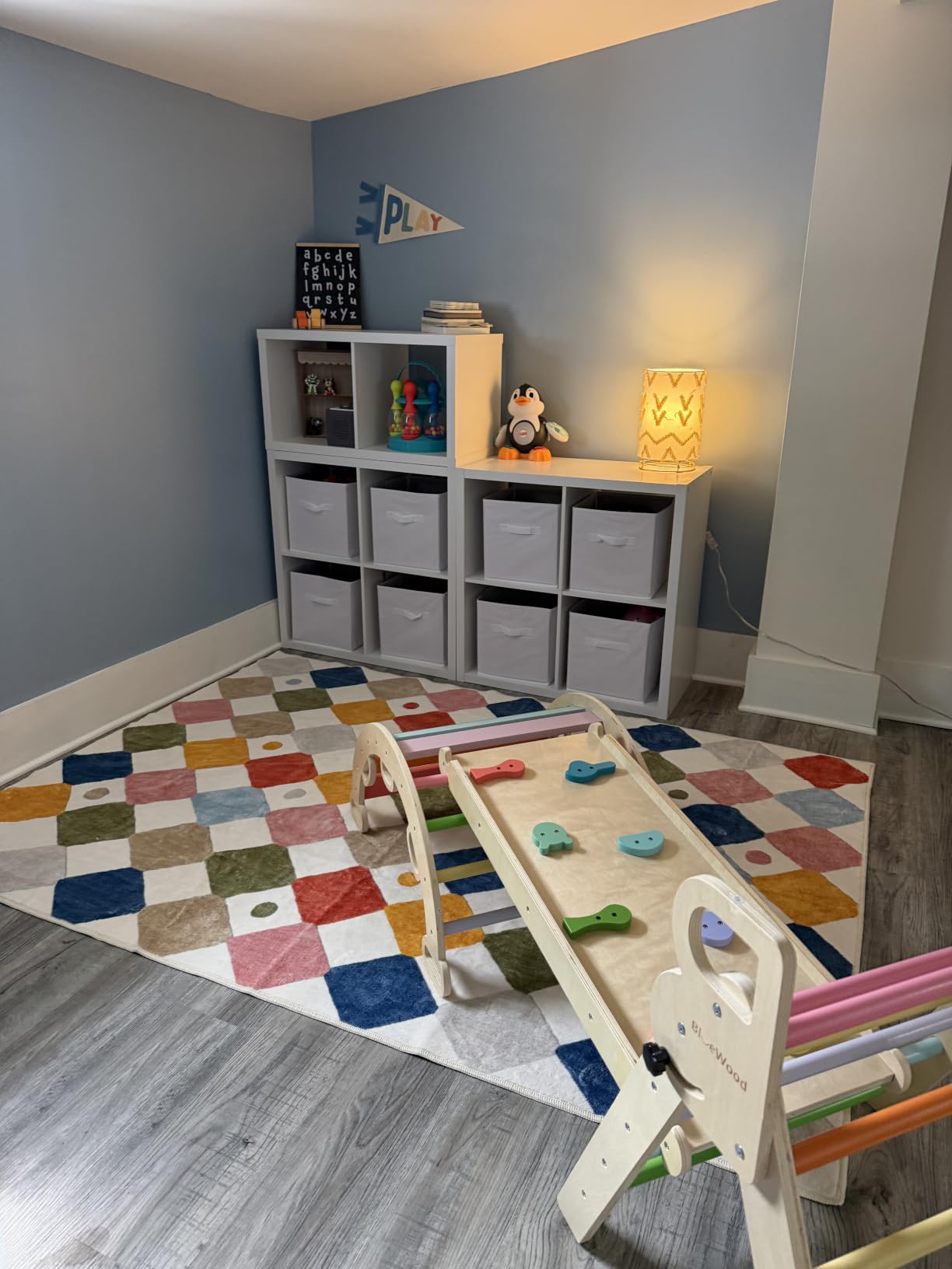 jinchan 5x7 Nursery Rug Washable Kids Playroom Rug Colorful Classroom Decor | Soft, Non-Slip, Cute, Kid-Friendly, Checkered Diamond Design, Play Mat, Cream Background customer photo 2