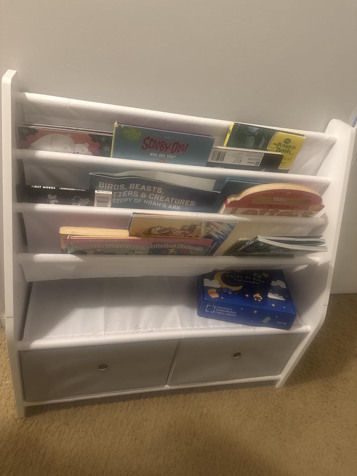 Kids Bookshelf and Toy Storage, 4 Tier Large Capacity Kids Book Rack, Sling Kid Bookcase, for Kids Room, Nursery, Playroom, White and Gray MCW06WT customer photo 1