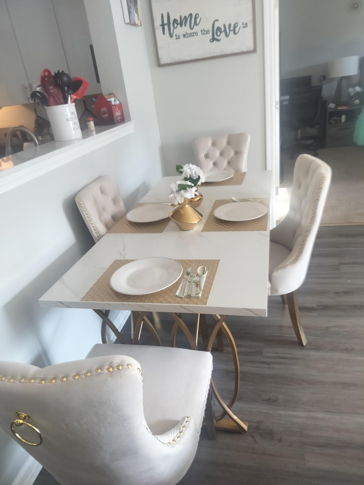 Velvet Upholstered Dining Chairs Set of 2, Modern Style Kitchen Side Chairs with Nailhead Trim and Gold Plated Leg, Metal Pulling Ring for Dining Room Living Room (Beige-Gold Plated Leg) customer photo 1
