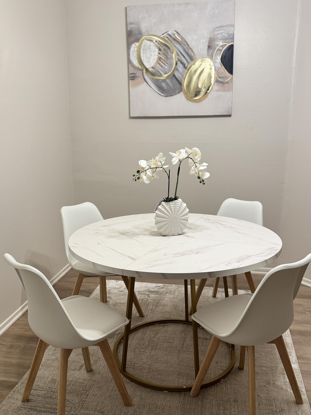 Round Dining Room Table, 47.24 Inch Kitchen Table for 4 | Wooden Faux Marble Dinner Table with Gold Base, Circle Modern Small Table for Home Kitchen Restaurant (White) customer photo 1