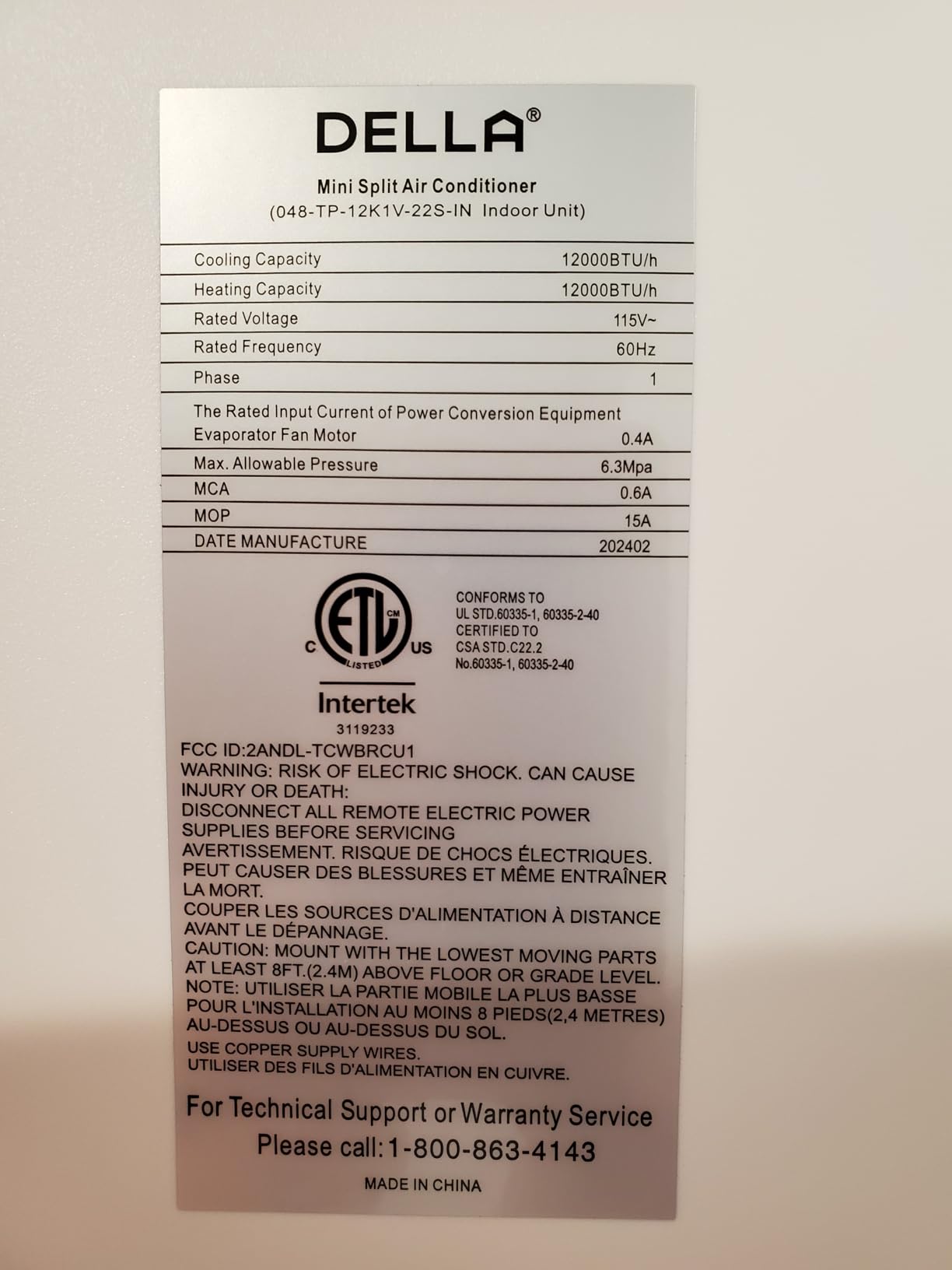 DELLA Hyper Heat Lower as -13℃ 12,000 BTU WiFi Mini Split, Work with Alexa, Energy Star 115V 23 SEER2, Cools Up to 550 Sq. Ft, Inverter AC with 1 Ton Pre-Charged Heat Pump & 16.4ft Installation Kits customer photo 2