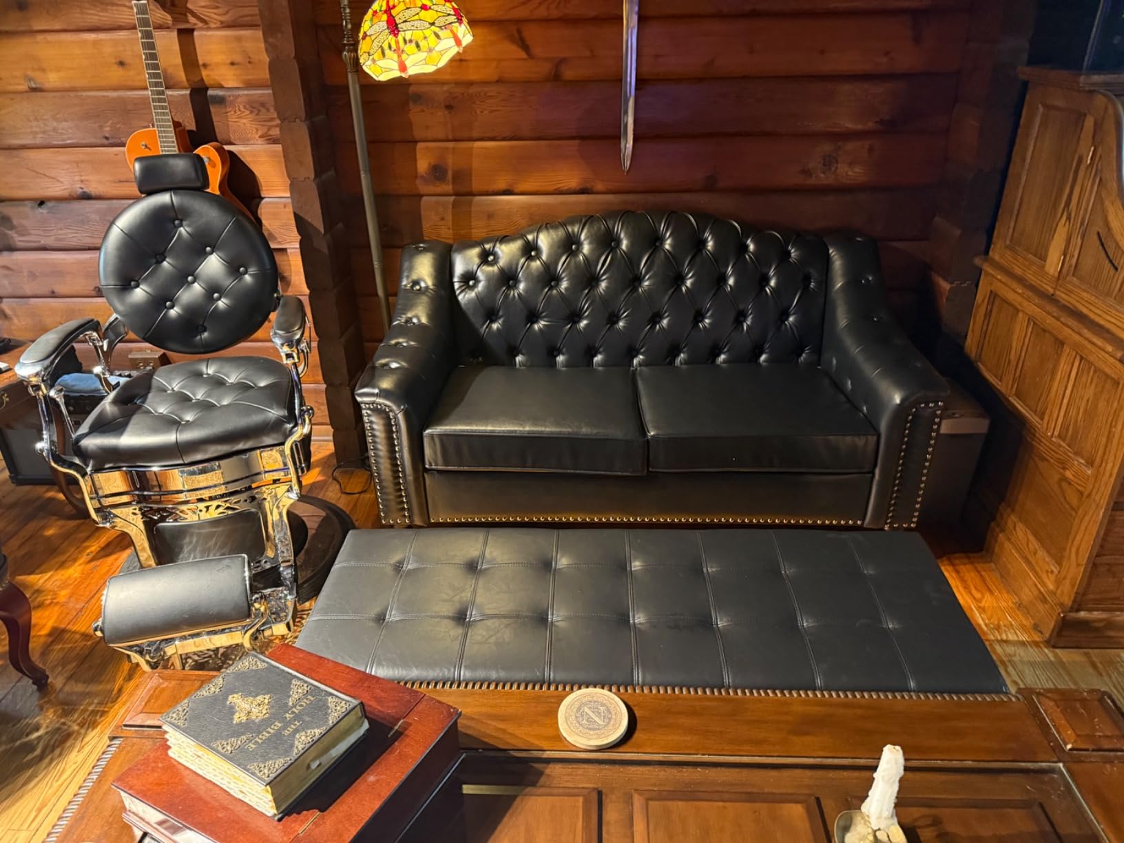 LEVNARY Chesterfield Chair Leather, Upholstered Sofa Chair with High Back, Mid-Century Modern Armchair with Solid Wood Legs, Single Couches for Living Room (Black) customer photo 1
