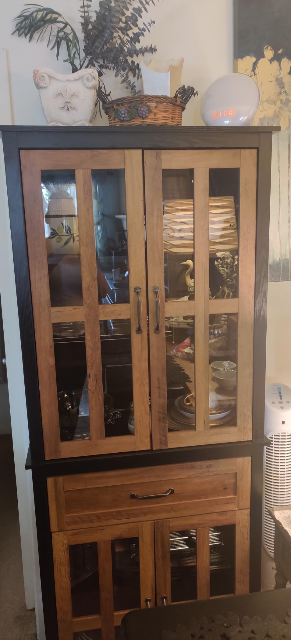 FOTOSOK 71'' Tall Kitchen Cabinet with Glass Doors and Drawer | Freestanding Food Pantry with Adjustable Shelves for Dining, Living Room, Natural customer photo 1