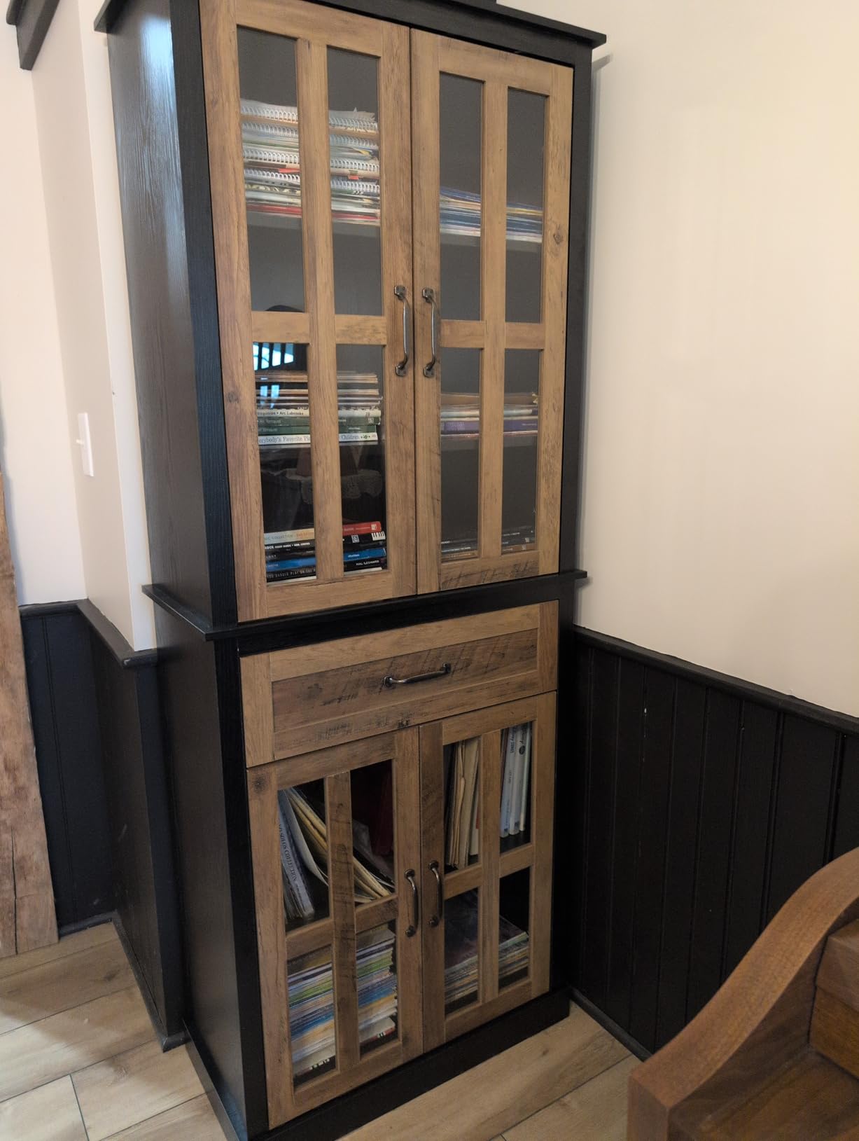 FOTOSOK 71'' Tall Kitchen Cabinet with Glass Doors and Drawer | Freestanding Food Pantry with Adjustable Shelves for Dining, Living Room, Natural customer photo 2