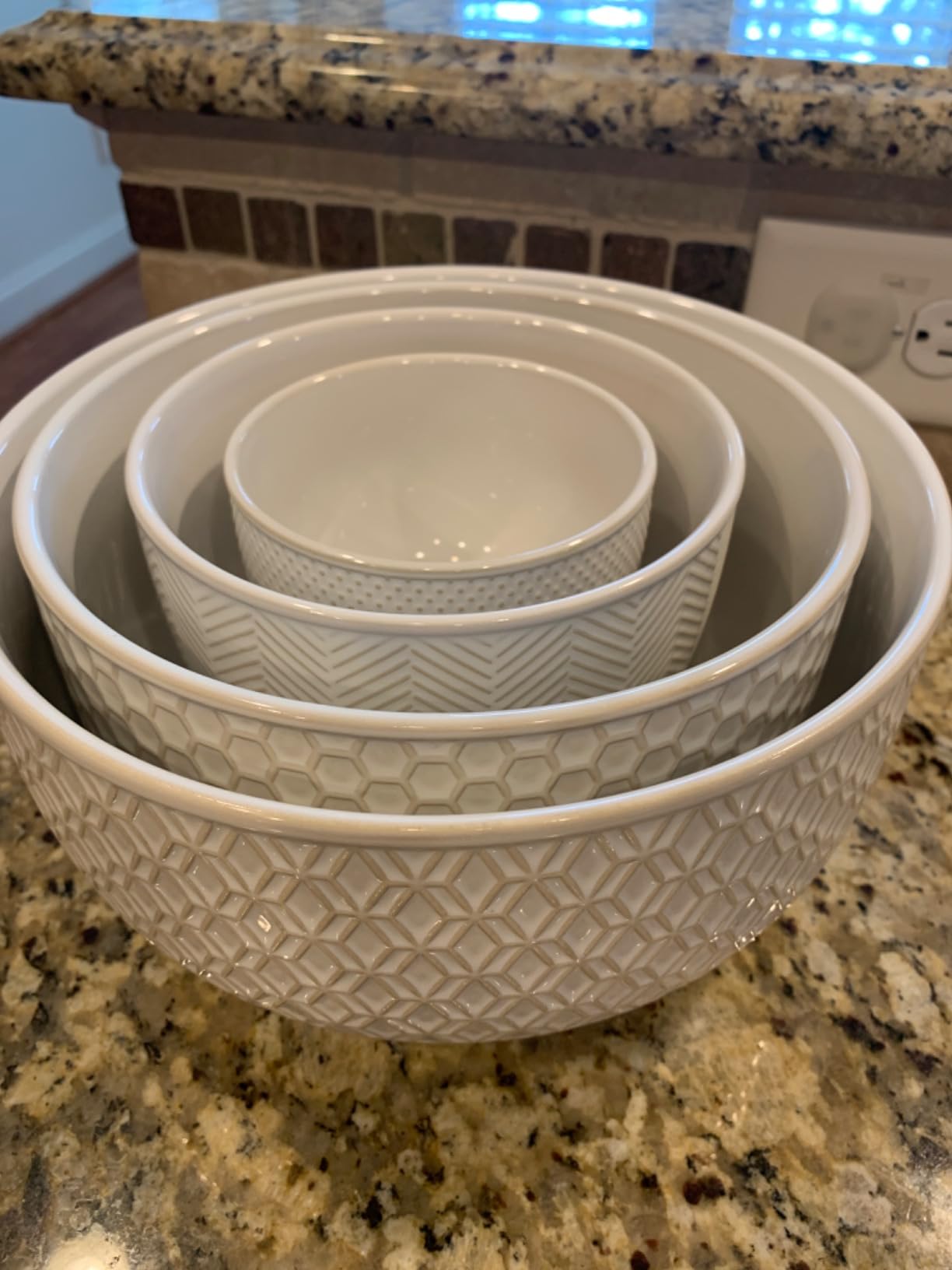KooK Ceramic Mixing Bowls, Nesting Set of 4, Embossed Kitchen Dishware, Prep, Serving, Gift, Microwave and Dishwasher Safe, 20/44/98/145 oz, Narbonne Collection (Ivory) customer photo 2