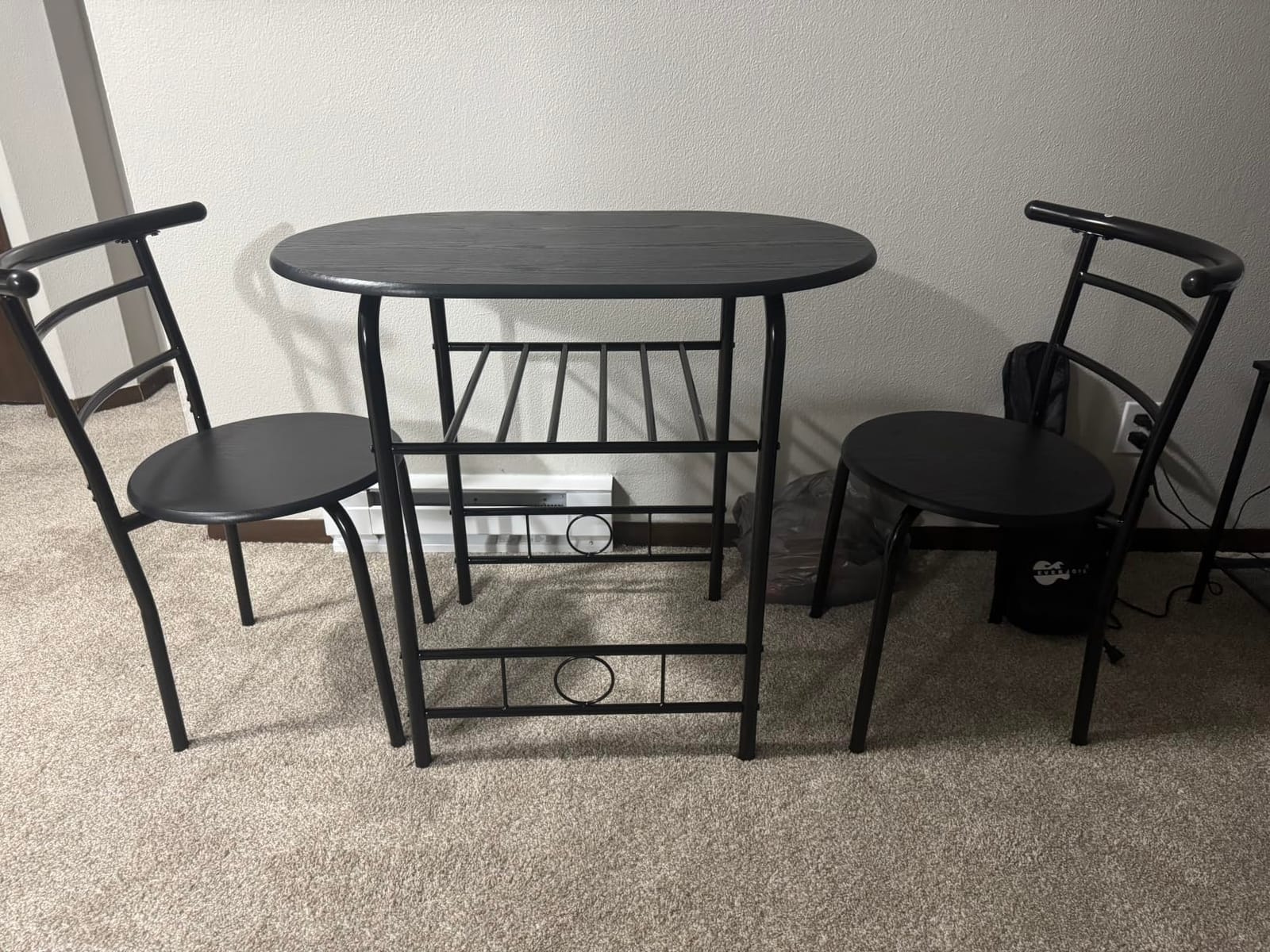 VECELO 3-Piece Dining Table Set for Kitchen Breakfast Nook, Wood Grain Oval Tabletop and Metal Frame with Built-in Wine Rack, for Small Spaces, Black customer photo 1