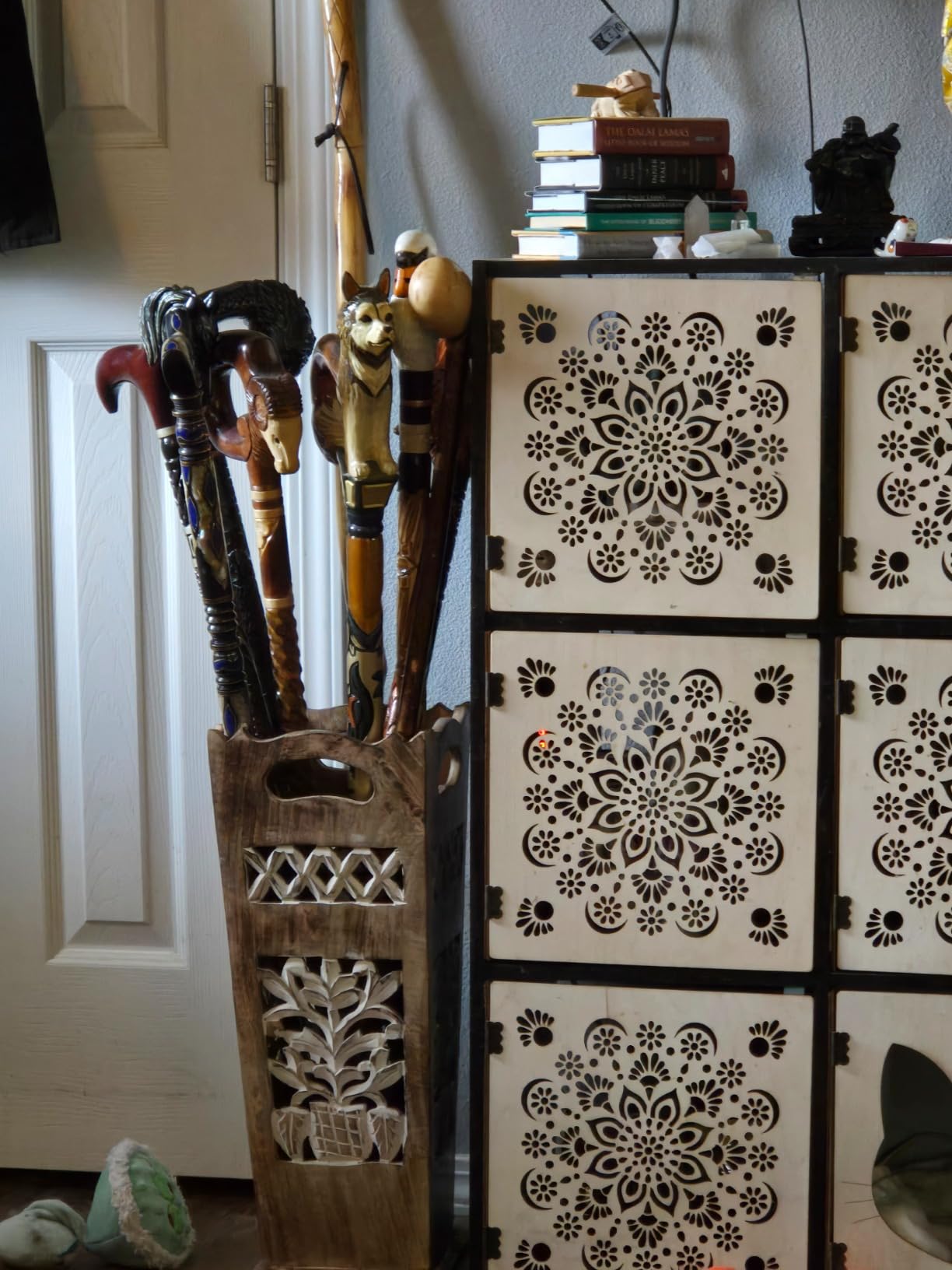 Antique Wooden Umbrella Stand & Walking Cane Holder for Home, Office & Entryway | Hand-Carved Solid Wood Umbrella & Cane Storage Rack | Size 21.5 x 8 x 8 in, Base 7.5 x 7.5 inches (Paisley) customer photo 2