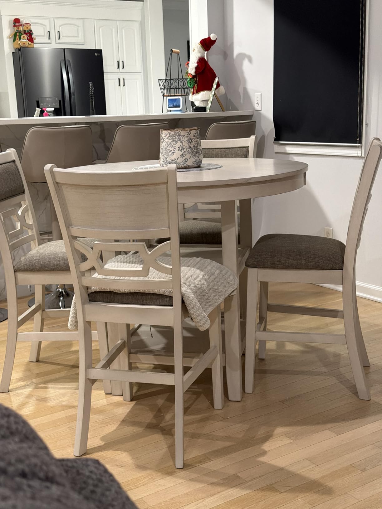 Signature Design by Ashley 5-Piece Round Counter Height Dining Set, Gray | 42-inch round dining table with 2 storage shelves, 4 upholstered bar stools, Wrenning Series customer photo 1