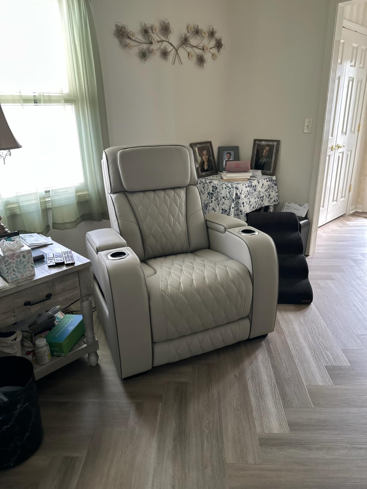 Signature Design by Ashley Boyington Zero Gravity Power Recliner, Gray | Leather match upholstery, Built-in air massage, Heated seat, Adjustable headrest, Dual cup holders customer photo 2