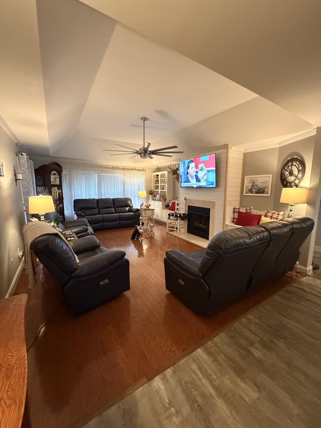 Signature Design by Ashley Leather Power Rocker Recliner Chair, Ocean Blue | Combination of leather and faux leather seating, Space-saving zero wall power recline, Leesworth Series customer photo 1