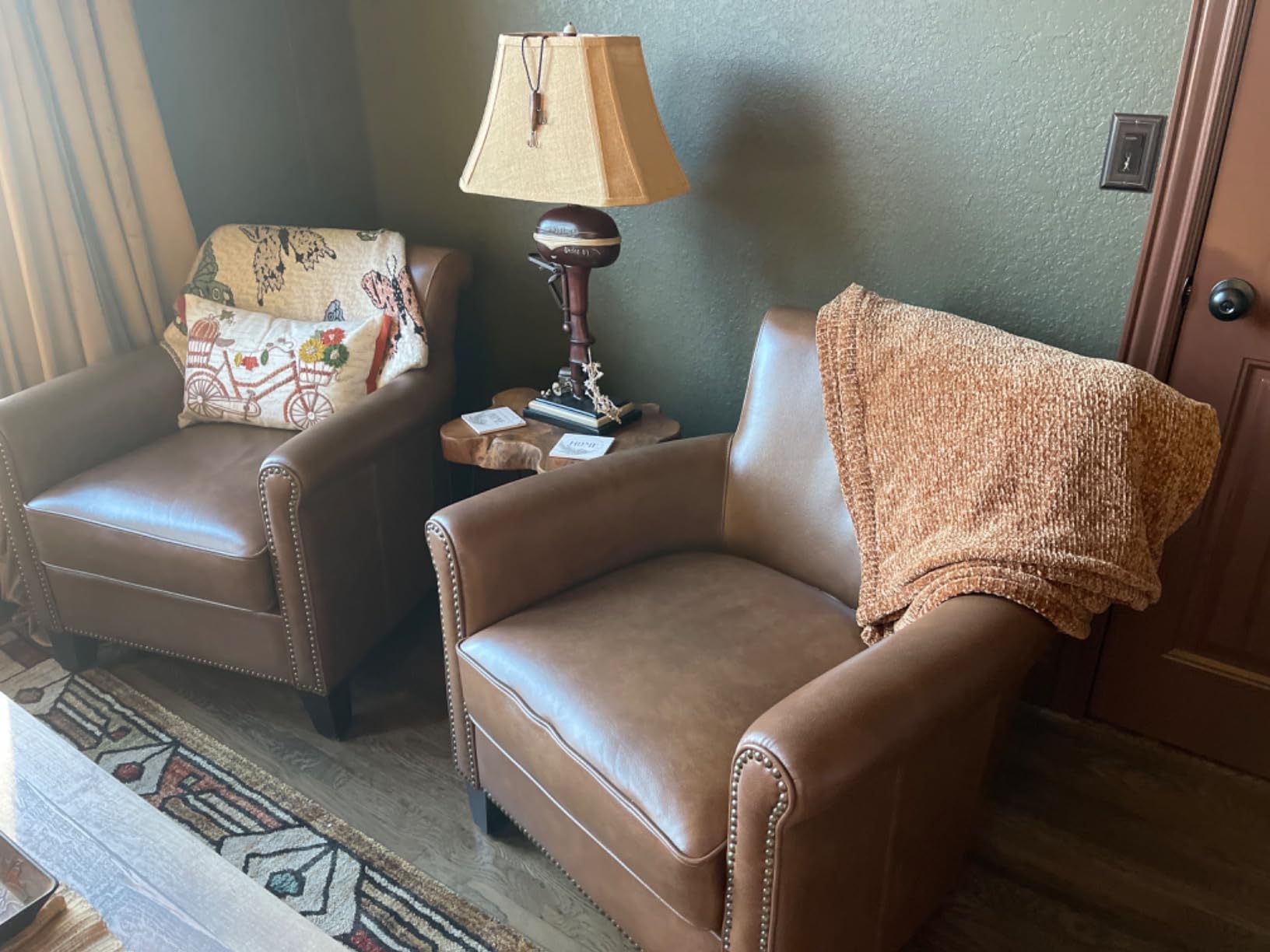 Lexicon Top Grain Genuine Leather Chair, Rolled Armrest, Brown | Living Room Leather Accent Chair, Solid Wood Frame, Nailhead Trim, Comfy Reading Chair for Bedroom, Office customer photo 2