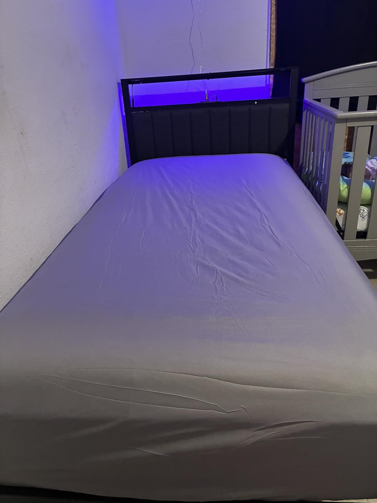 Furnulem Twin Size Bed Frame with Charging Station and LED Lights | Platform Bed with Grey Upholstered Headboard, 2-Tier Storage Shelf, Metal Slats, No Box Spring Needed, Noise-Free, USB+Type-C customer photo 1