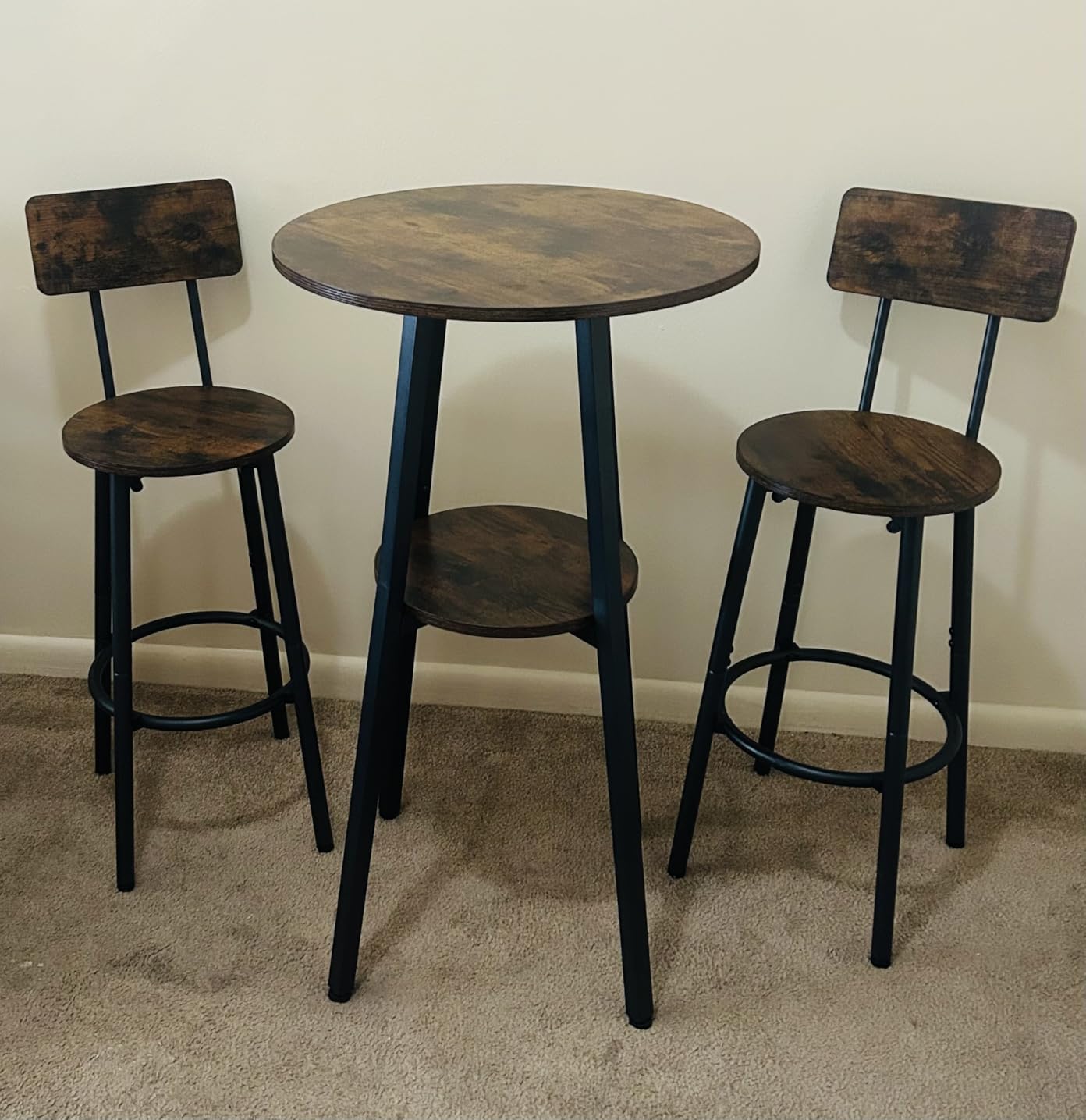 HOOBRO 3 Pieces Round Bar Height Table and Chairs Set, Round Dining Table Set, Pub Table and Chairs for Small Space, 2 Tier Kitchen Table and Bar Stools with Back, Rustic Brown BF35BT01 customer photo 2