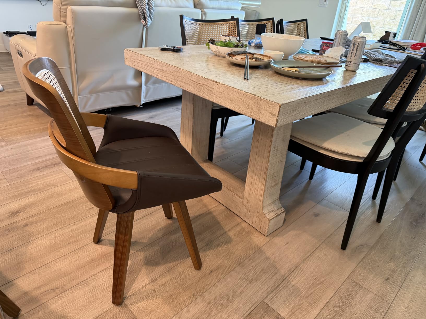 Set of 4 Kitchen & Dining Room Chairs - Swivel Dining Chairs with Cane Back, Walnut Bentwood Frame, Faux Leather Seat, Arms, Versatile for Conference/Kitchen/Restaurant/Living Room (Walnut Black) customer photo 1