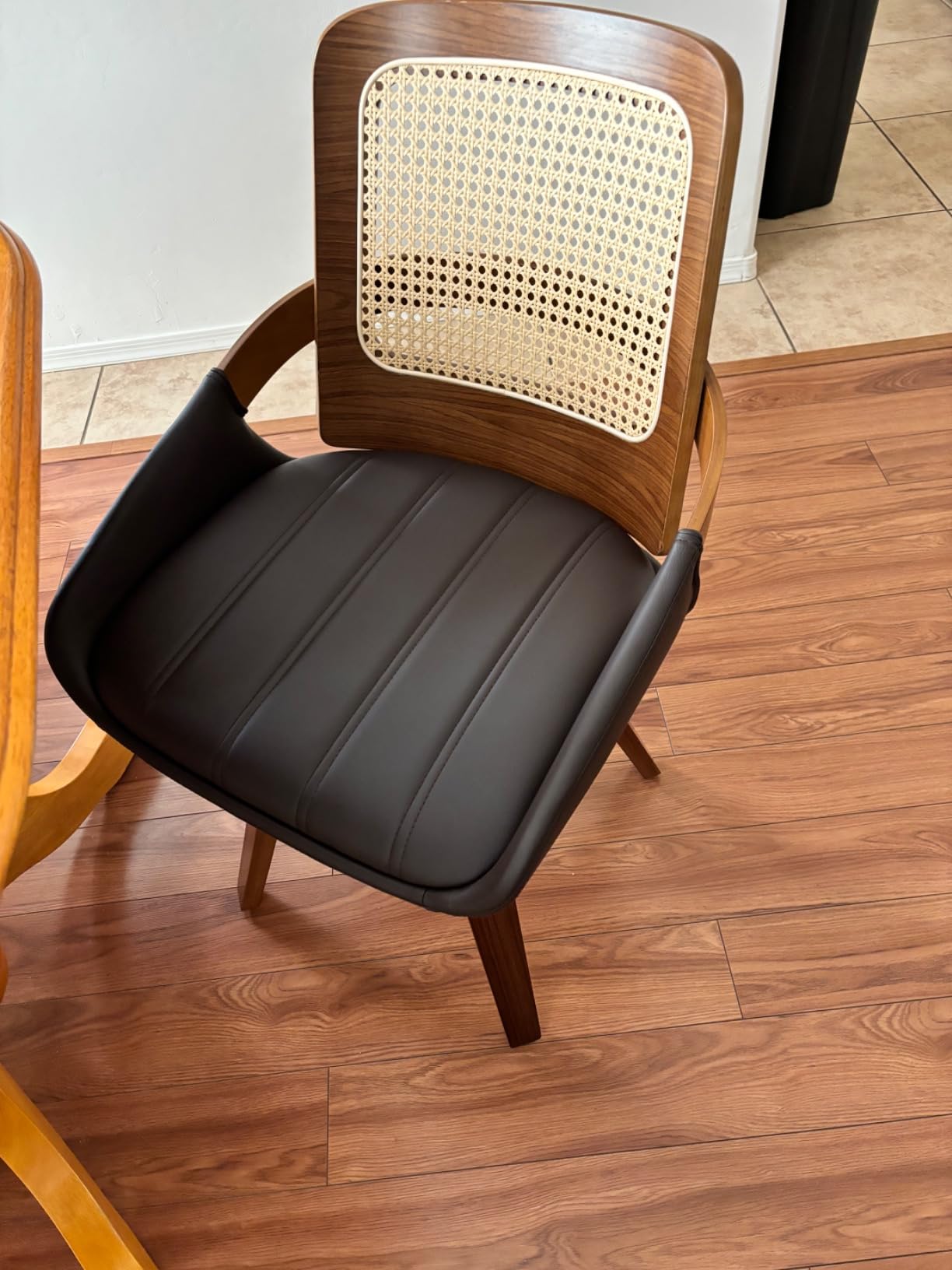 Set of 4 Kitchen & Dining Room Chairs - Swivel Dining Chairs with Cane Back, Walnut Bentwood Frame, Faux Leather Seat, Arms, Versatile for Conference/Kitchen/Restaurant/Living Room (Walnut Black) customer photo 2