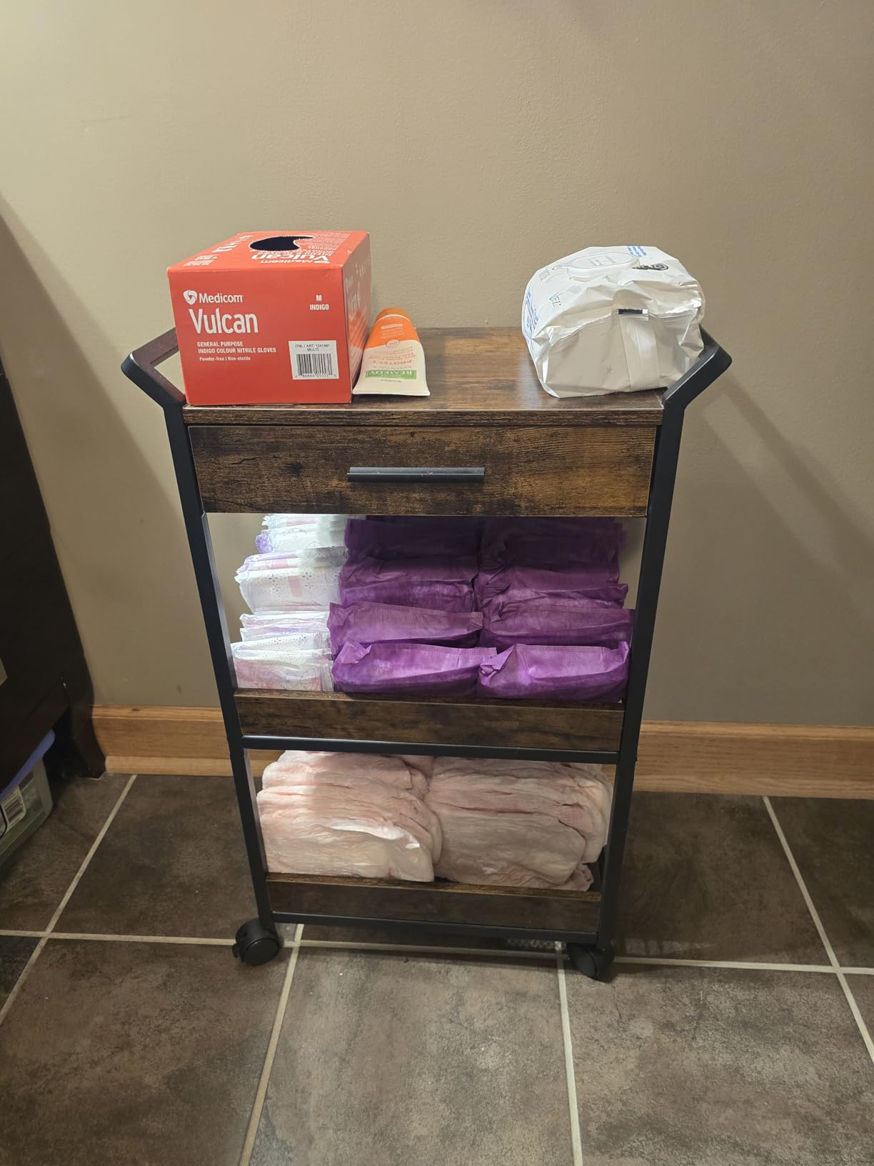 VASAGLE Storage Cart, 3-Tier Rolling Utility Cart with Table Top, Handles, 4 Lockable Casters, Top Drawer, Mesh Shelves, for Kitchen, Bathroom, Bedroom, Rustic Brown and Ink Black ULRC048K01 customer photo 1