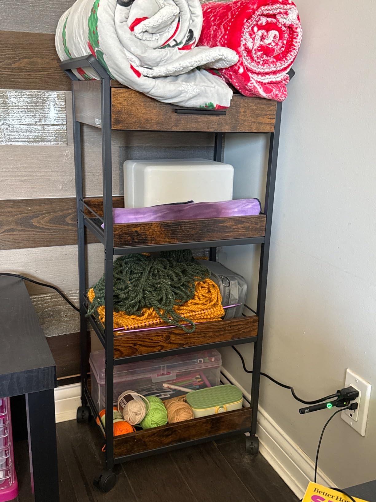 VASAGLE Storage Cart, 3-Tier Rolling Utility Cart with Table Top, Handles, 4 Lockable Casters, Top Drawer, Mesh Shelves, for Kitchen, Bathroom, Bedroom, Rustic Brown and Ink Black ULRC048K01 customer photo 2