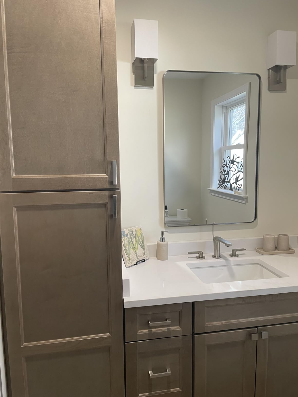 Keonjinn 20 x 30 Inch Brushed Nickel Bathroom Mirrors for Over Sink | HD Tempered Glass, Silver Vanity Mirror, Rust-Resistant Aluminum Frame, Rounded Rectangle, French Cleat Mount, Home Décor customer photo 2
