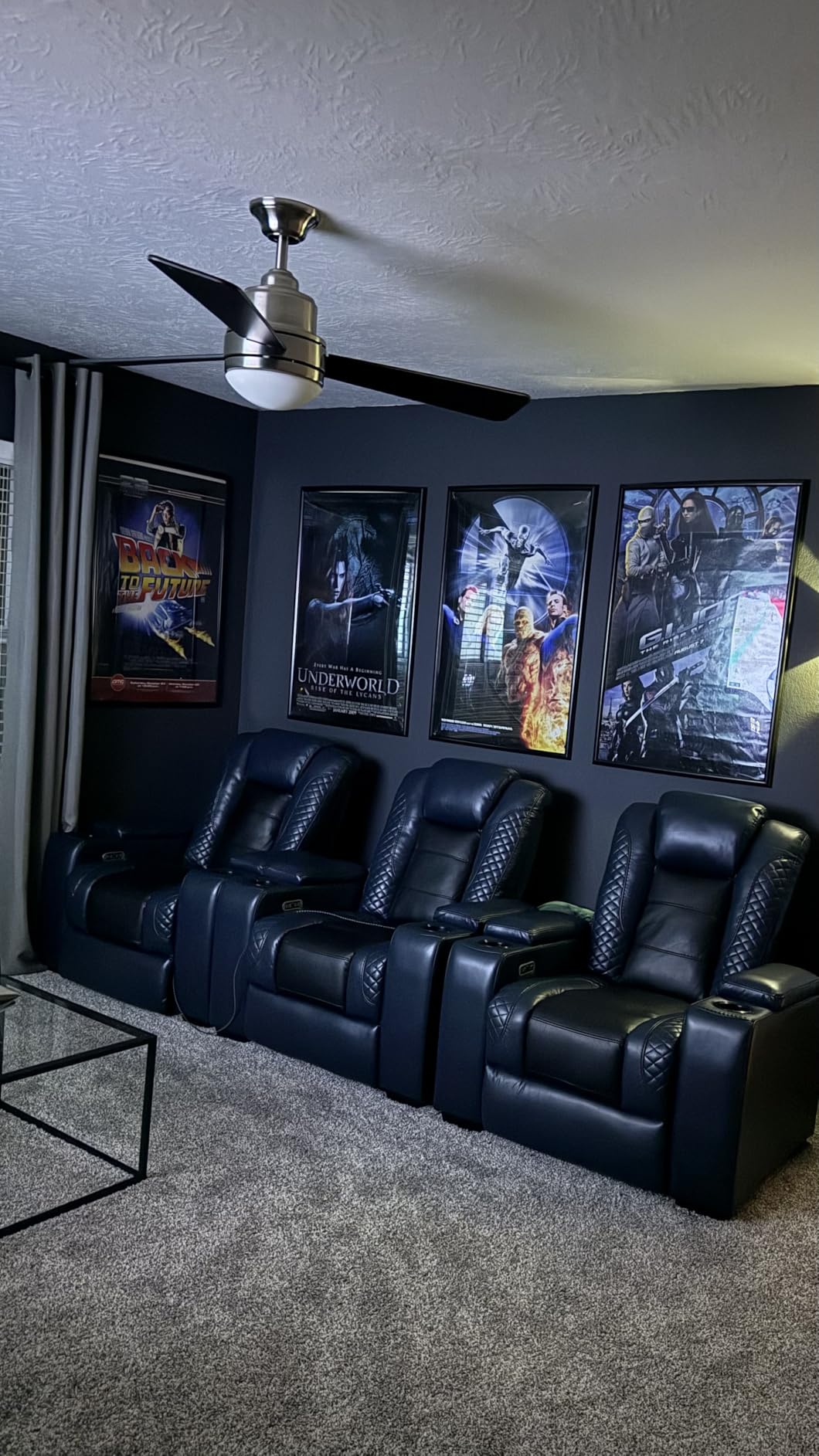 ANJ Power Home Theater Recliner Chair Set of 3, Electric Movie Theater Seating Reclining Chairs with Cup Holders for Living Room, Faux Leather with Blue LED, USB Ports, Hidden Arm Storage (Black) customer photo 1