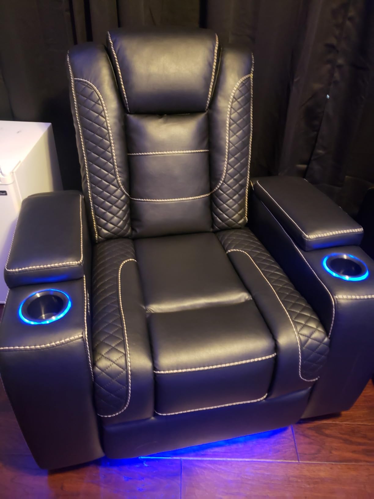 ANJ Power Home Theater Recliner Chair Set of 3, Electric Movie Theater Seating Reclining Chairs with Cup Holders for Living Room, Faux Leather with Blue LED, USB Ports, Hidden Arm Storage (Black) customer photo 2
