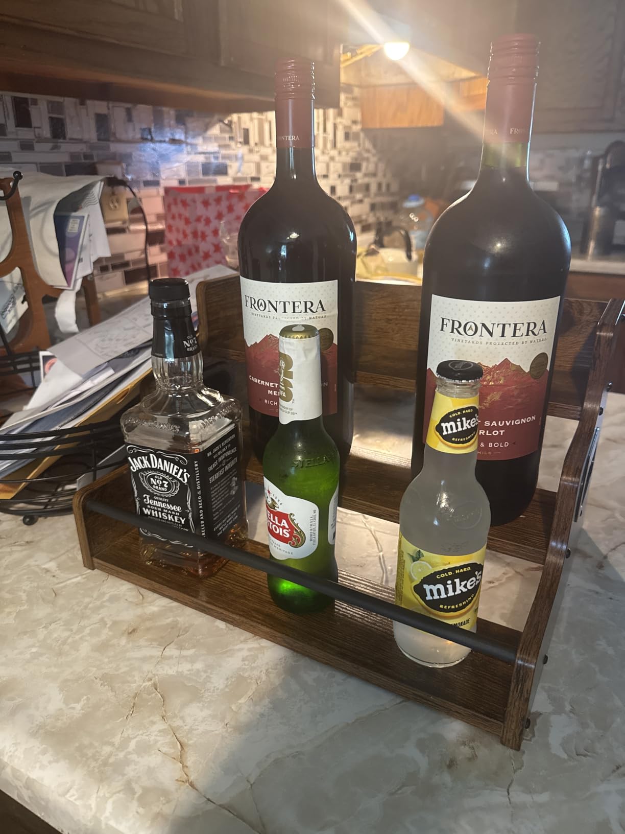 KLM Liquor Bottle Display Shelf, Coffee Syrup Rack Organizer, 3 Step Countertop Liquor Wine Rack, mini bar, liquor cabinet, Home Retro Bar Shelf Stand for Liquor Whiskey, Spirits customer photo 1
