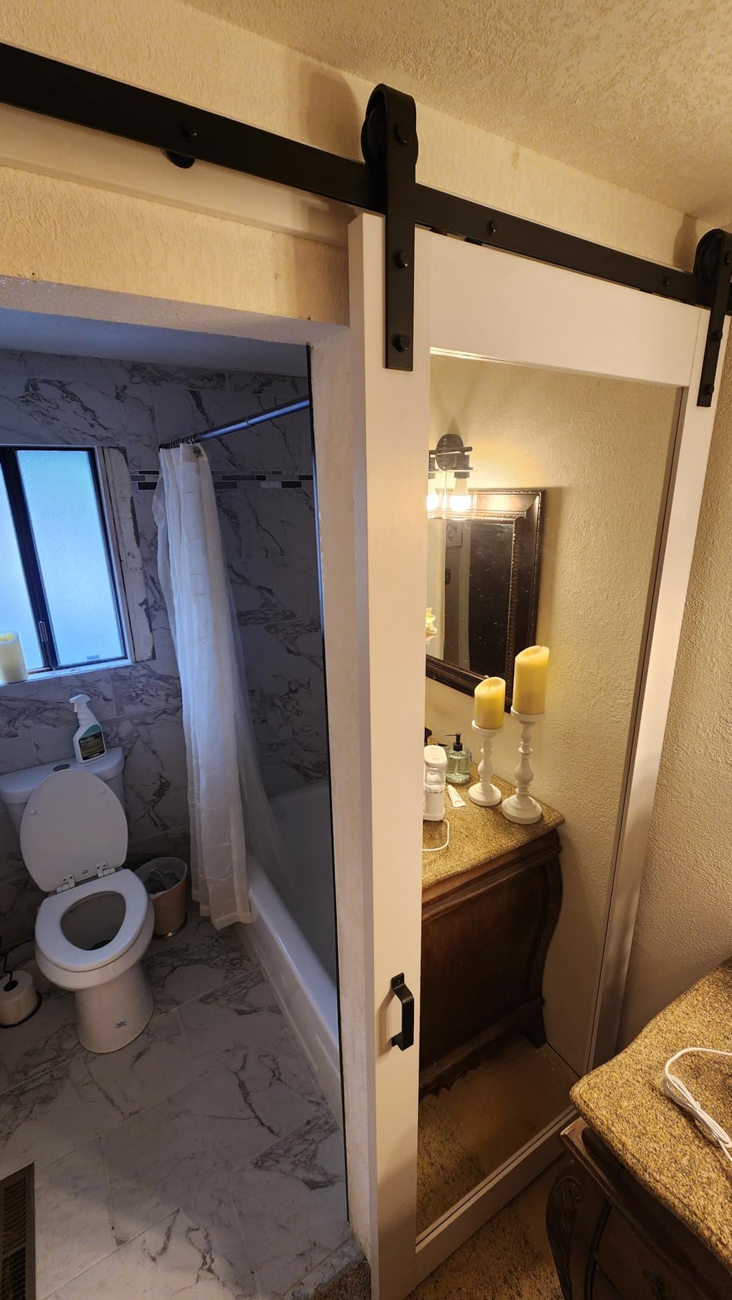 BARNSMITH 36in x 84in Mirror Barn Door with 6.6FT Sliding Door Hardware Kit Included, 1 Lites Full Length Mirror Door, Solid Wood Water-Proof PVC Surface, No Assembly Required, White customer photo 2