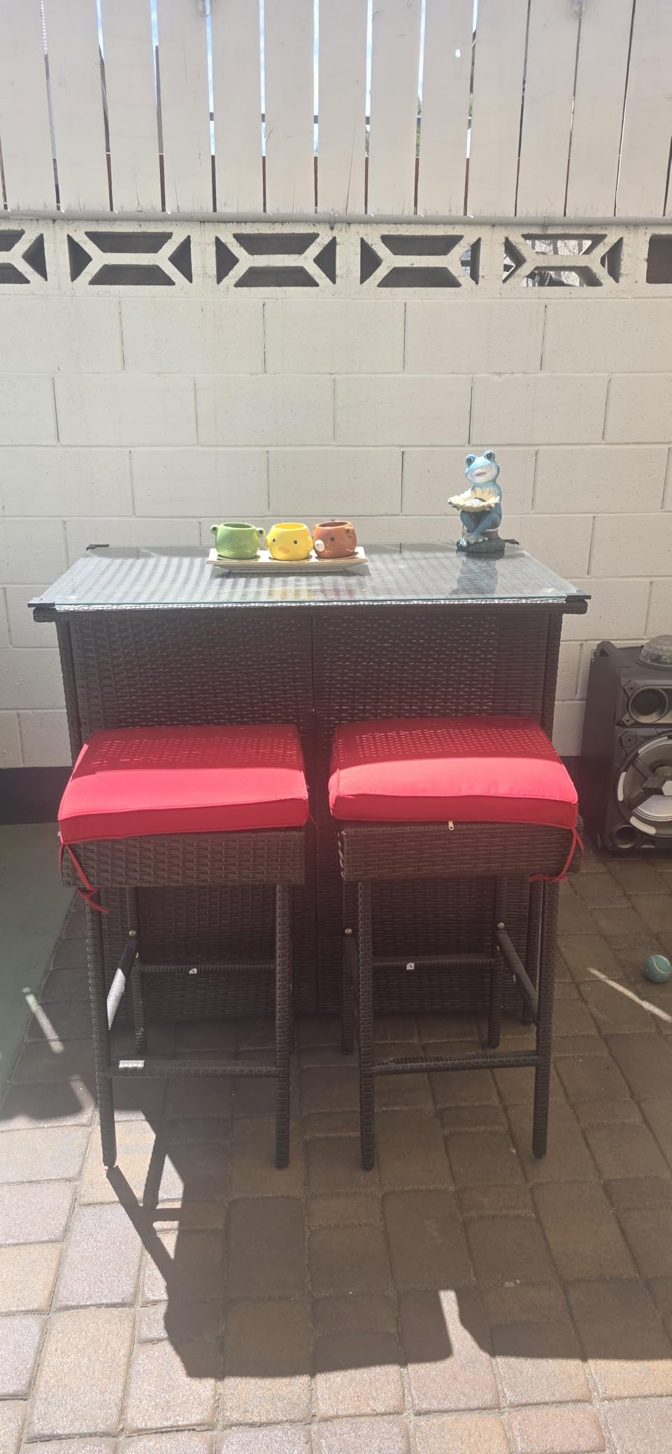 Tangkula 3 Piece Patio Bar Set, Outdoor Rattan Bar Table and 2 Stools with Tempered Glass Tabletop, 2-Tier Storage, Removable Cushions customer photo 1