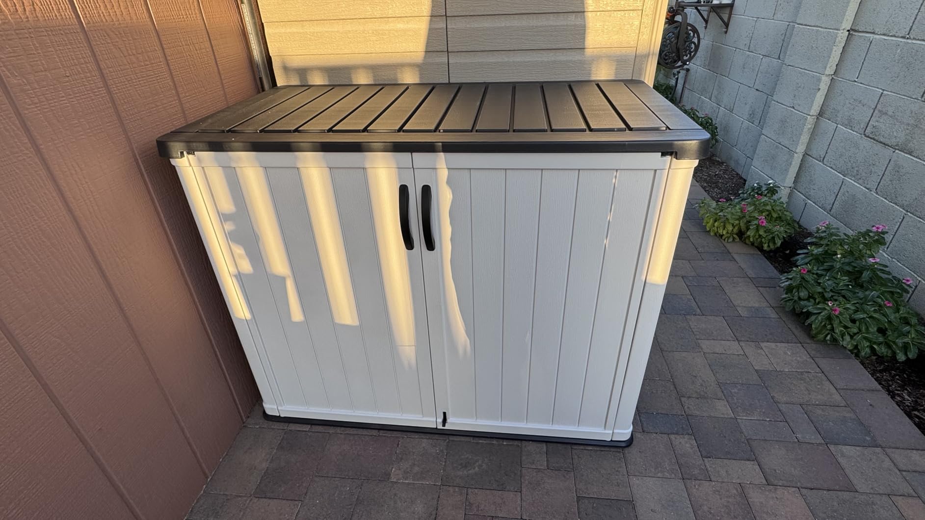 Devoko Outdoor Storage Cabinet 26 Cu Ft with Lockable Doors, Horizontal Storage Shed Waterproof Patio Tools Storage Box for Sofa Cushions, Gardening Tools and Accessories (White) customer photo 1