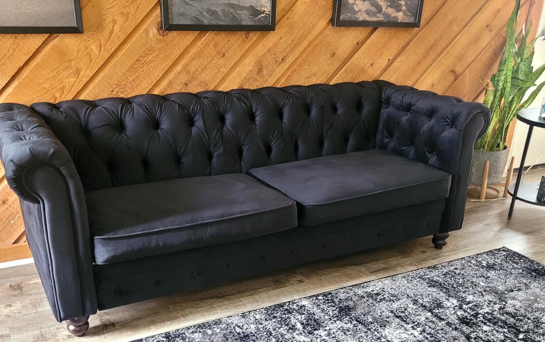 ONBRILL 82 Inch Chesterfield Sofa, 23 Inch Deep Seat Velvet Couch for Living Room, Button Tufted Couch with Rolled Arms, 2 Throw Pillows, Comfy Vintage Loveseat Sofa for Apartment, Black customer photo 2