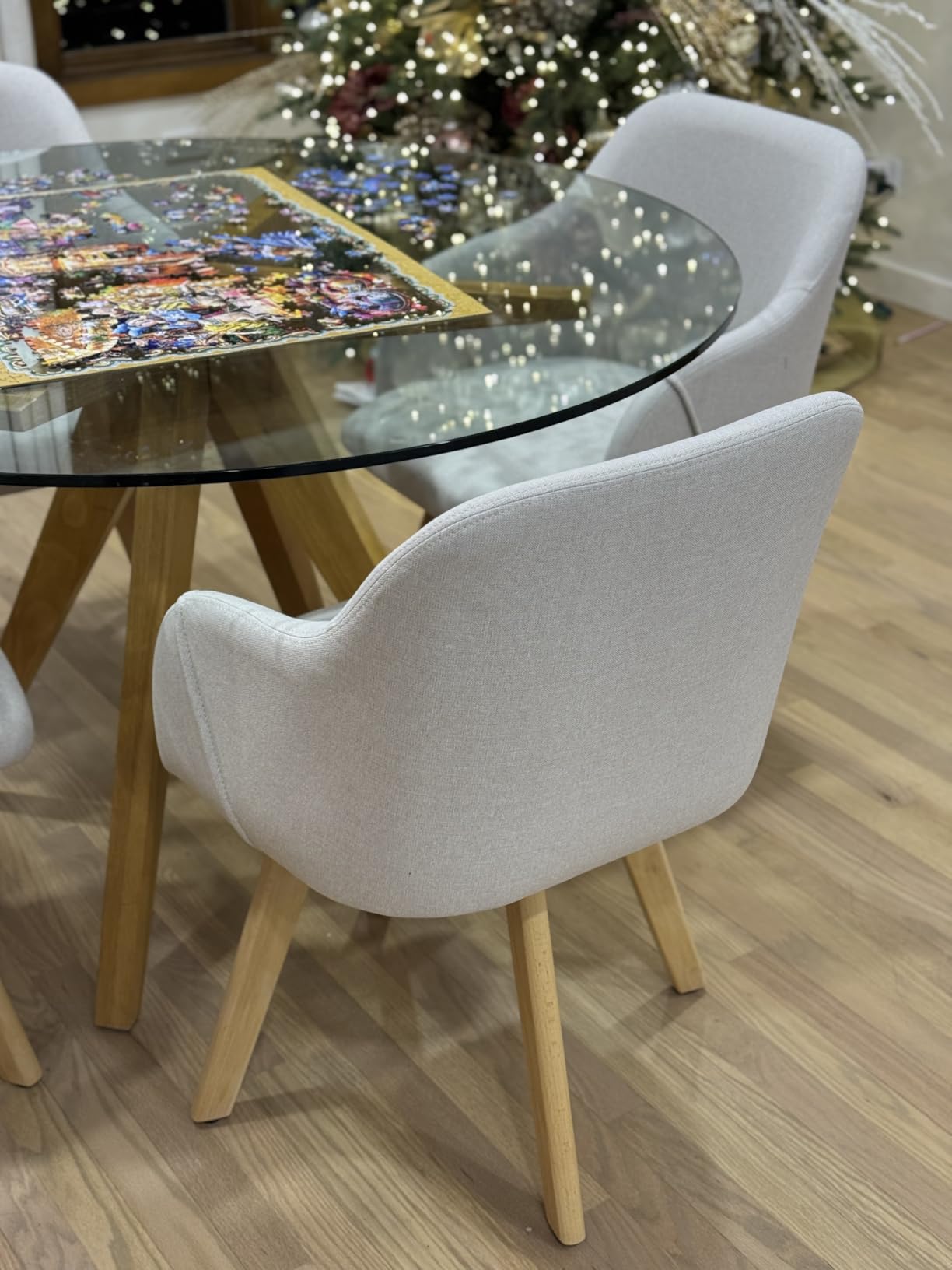 Swivel Dining Chairs Set of 2 with Arms and Wood Legs, Beige | Beech Wood Frame, Linen Fabric Upholstered Kitchen Chairs, Mid Century Modern, 18.5