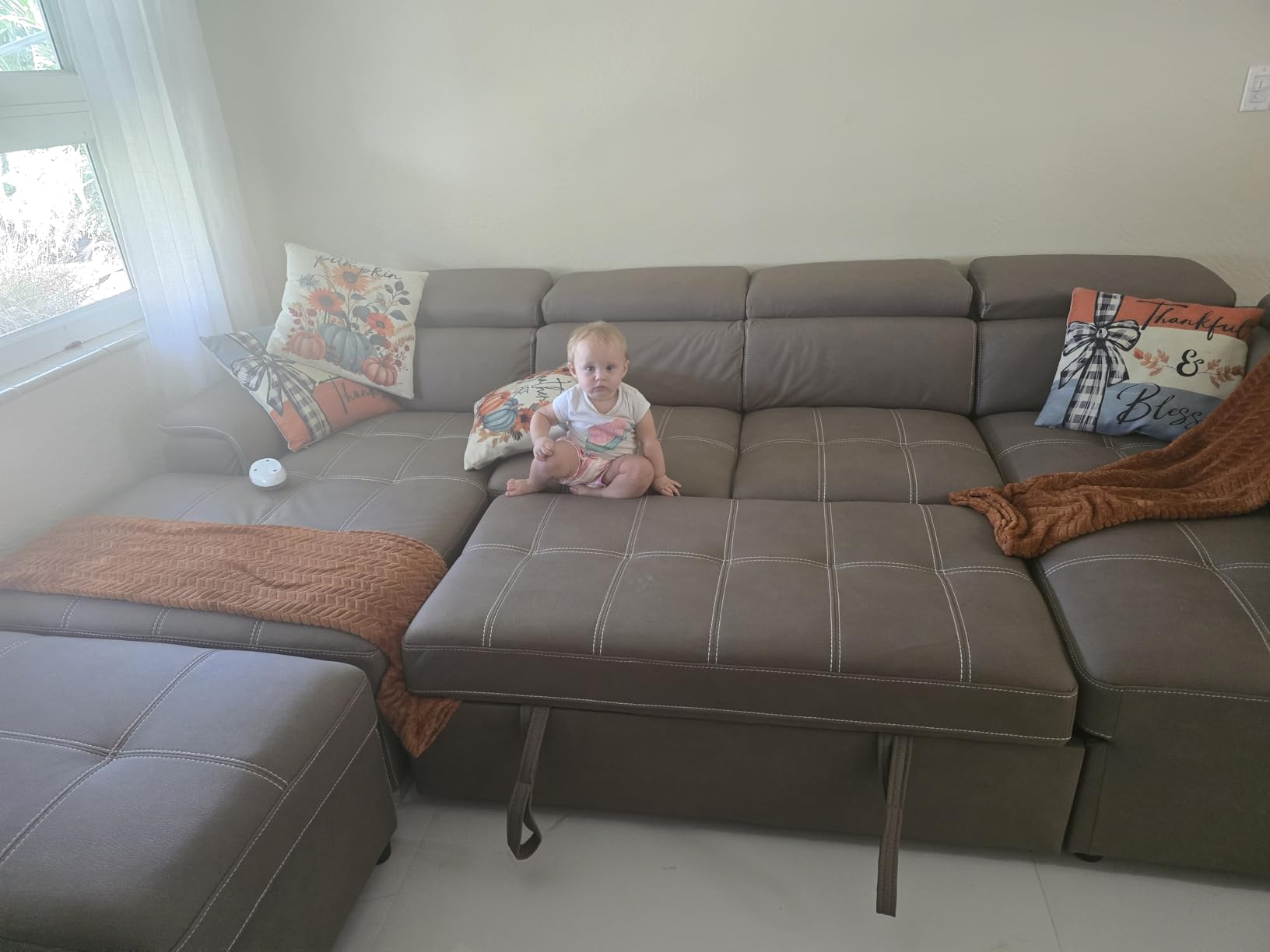 127'' Dark Brown Oversized U Shaped Sectional Sleeper Sofa with Pullout Bed | Pet Friendly Microfiber Pullout Couches Bed with Adjustable Headrest, Storage Ottoman & Chaise, Easy Assembly customer photo 2