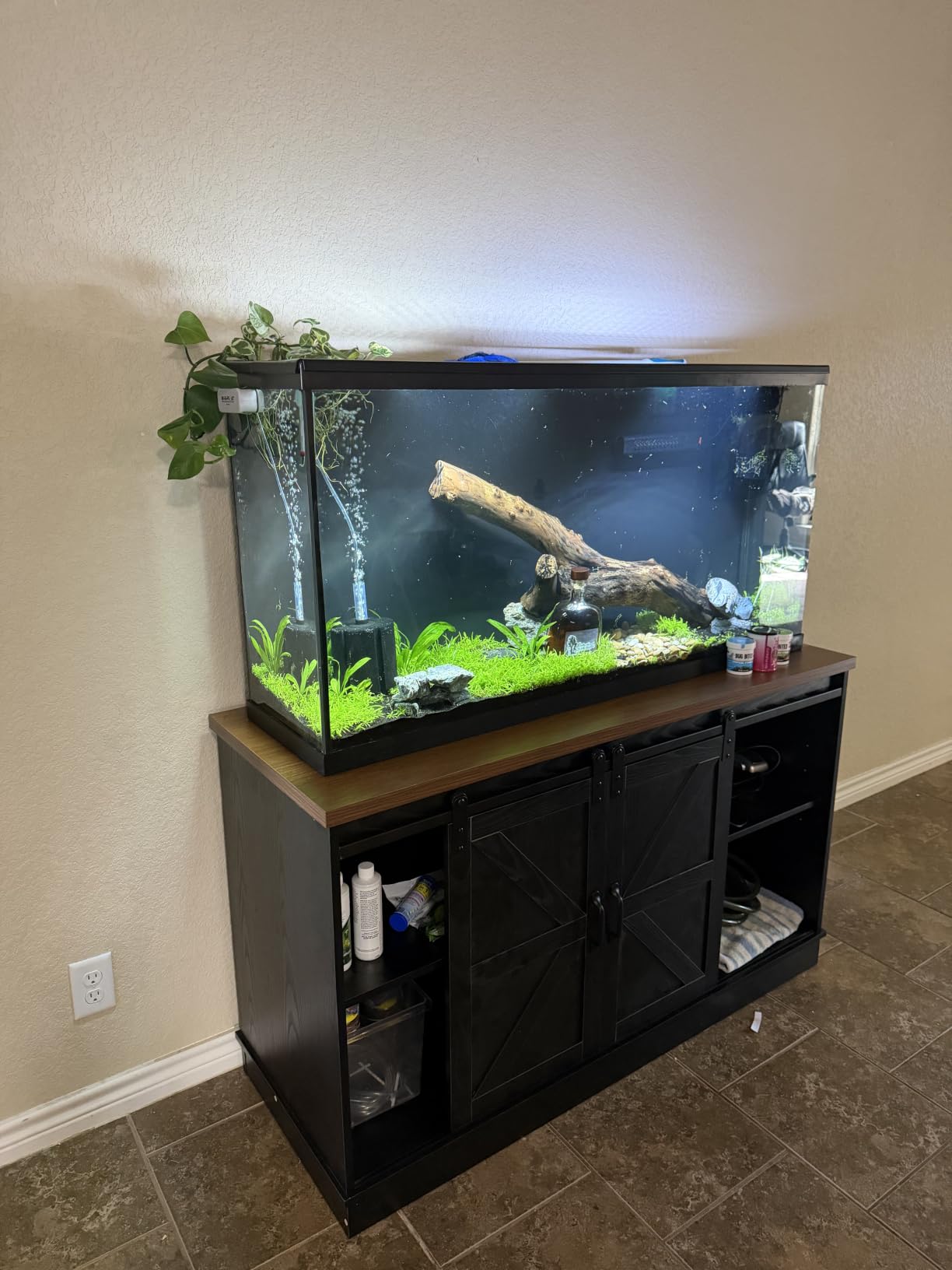 Hlivelood Farmhouse 55-75 Gallon Fish Tank Stand with Power Outlet, Aquarium Stand w/Cabinet&Sliding Barn Door, Heavy Duty Reptile Tank Stand for Fish/Turtle/Reptile Terrarium, 1000LB Capacity, Grey customer photo 1