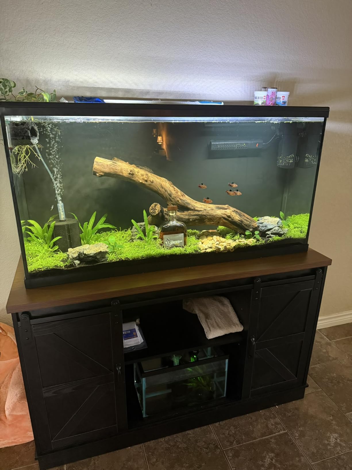 Hlivelood Farmhouse 55-75 Gallon Fish Tank Stand with Power Outlet, Aquarium Stand w/Cabinet&Sliding Barn Door, Heavy Duty Reptile Tank Stand for Fish/Turtle/Reptile Terrarium, 1000LB Capacity, Grey customer photo 2