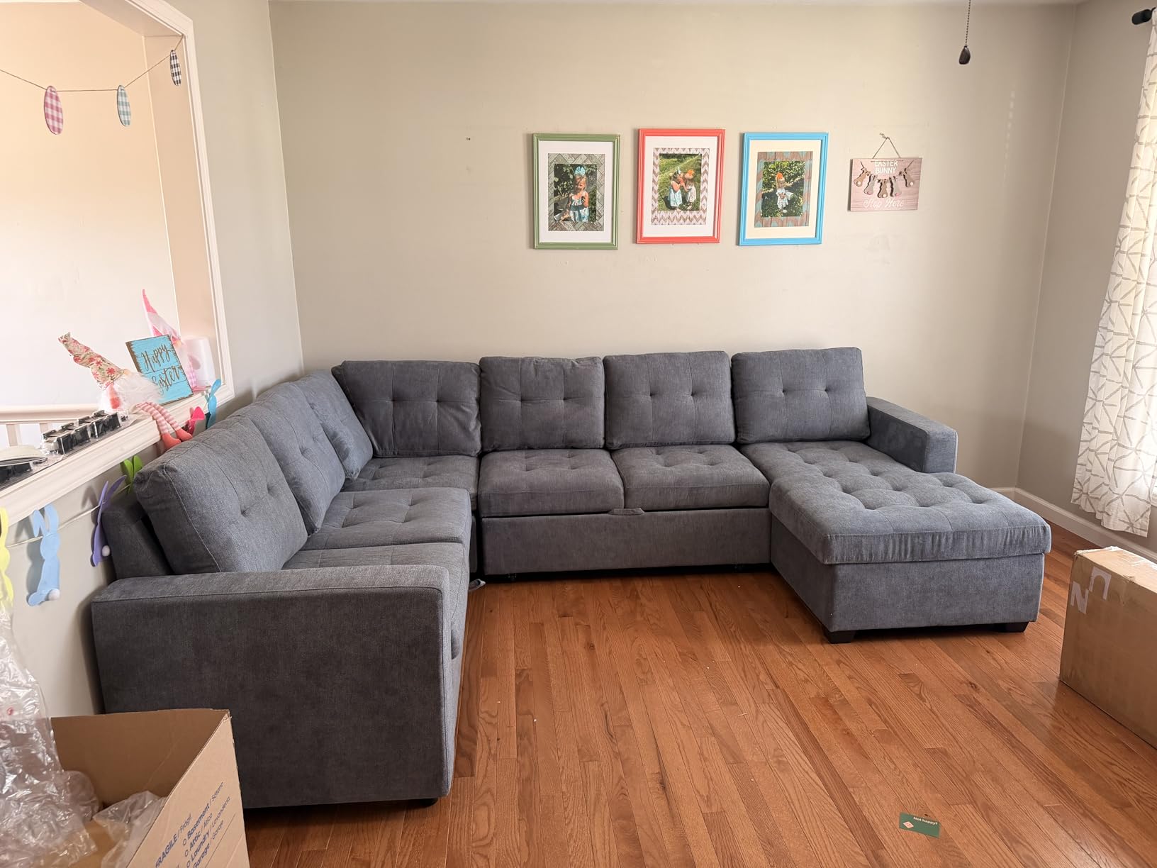 HONBAY Modular Sectional Sleeper Sofa with Pull Out Bed, U Shaped Sleeper Couches with Storage Chaise, 114'' Sleeper Sectional Sofas for Living Room, Apartment (Dark Grey) customer photo 2