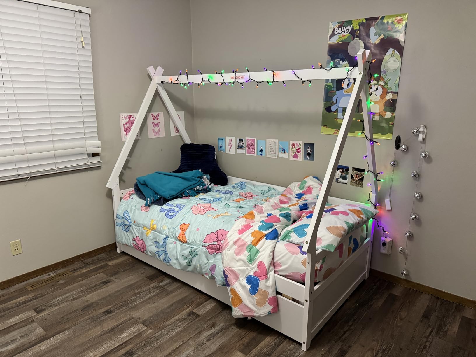 GIANTEX Twin Bed with 2 Storage Drawers, Wood Montessori House Tent Bed Frame with Safety Guardrail, Low Teepee Bed with Wood Slat Support for Boys Girls Teens, No Box Spring Needed, Kids Bed (White) customer photo 2