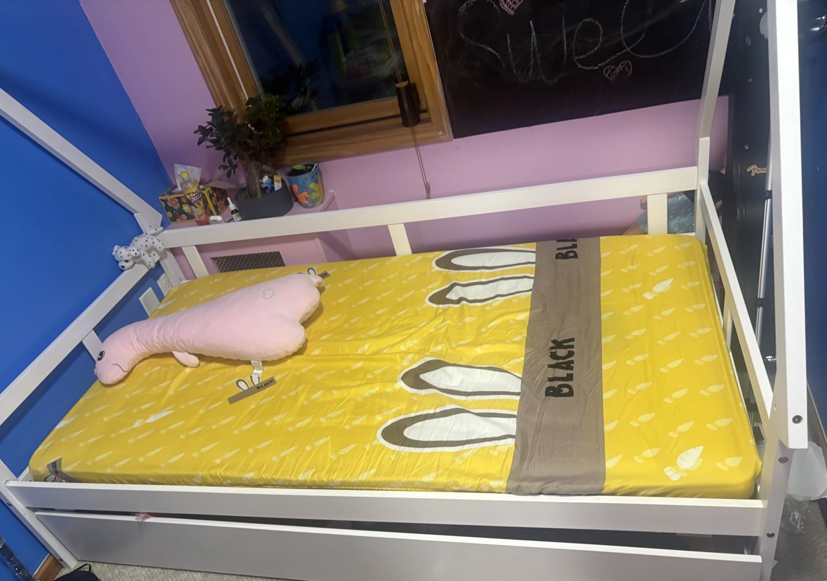 GIANTEX House Bed with Trundle Twin, Wood Montessori Bed Frame with Safety Guardrail, Low Kids Teepee Bed for Boys Girls Teens, White customer photo 2