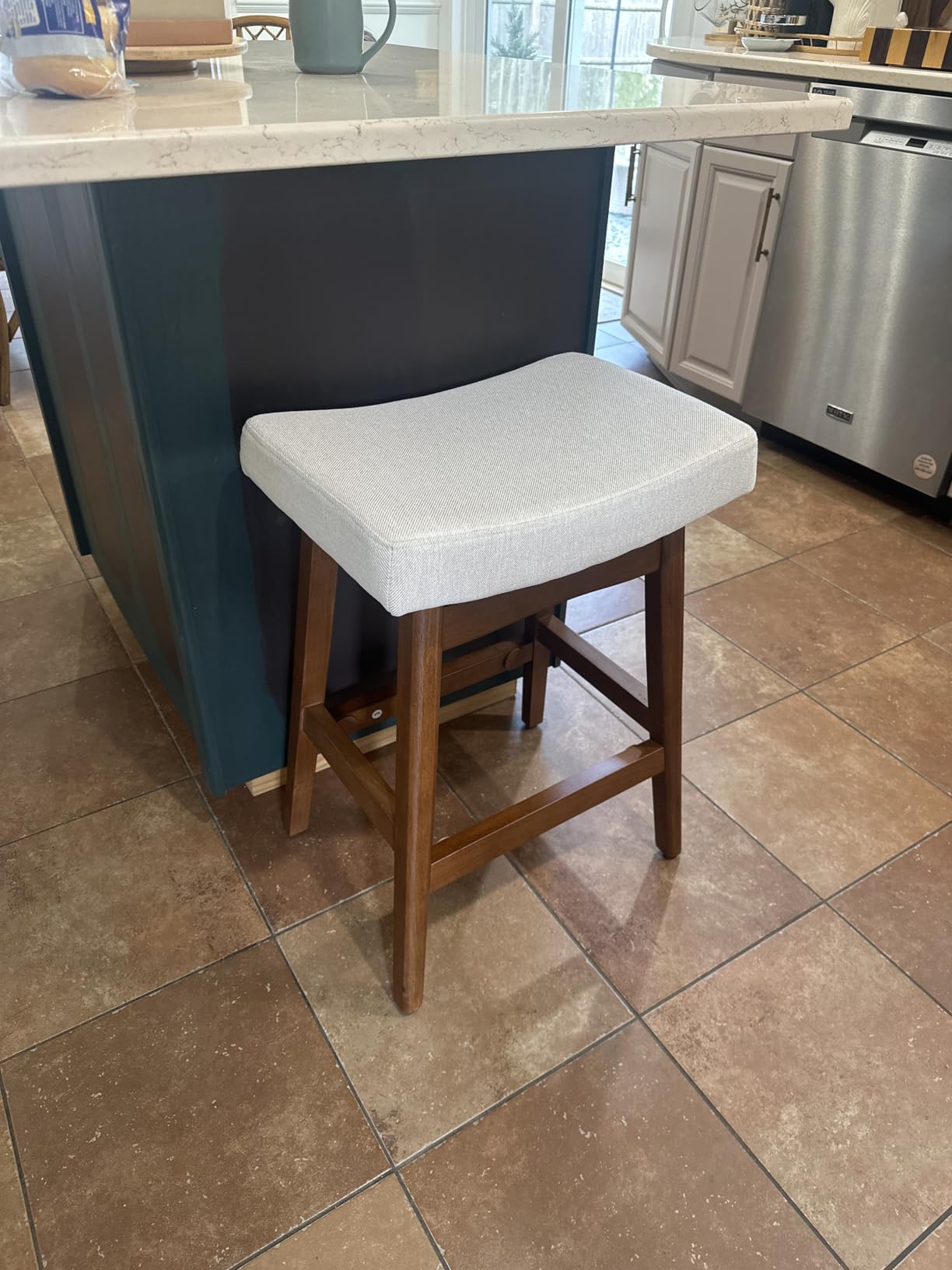Bar Stools Set of 3, Barstools with Sturdy Wood Legs, Saddle Seat Counter Height Bar Stools for Kitchen Counter, Bar, Dining, 24 Inch Farmhouse Counter Stools, Antique White Leather customer photo 1