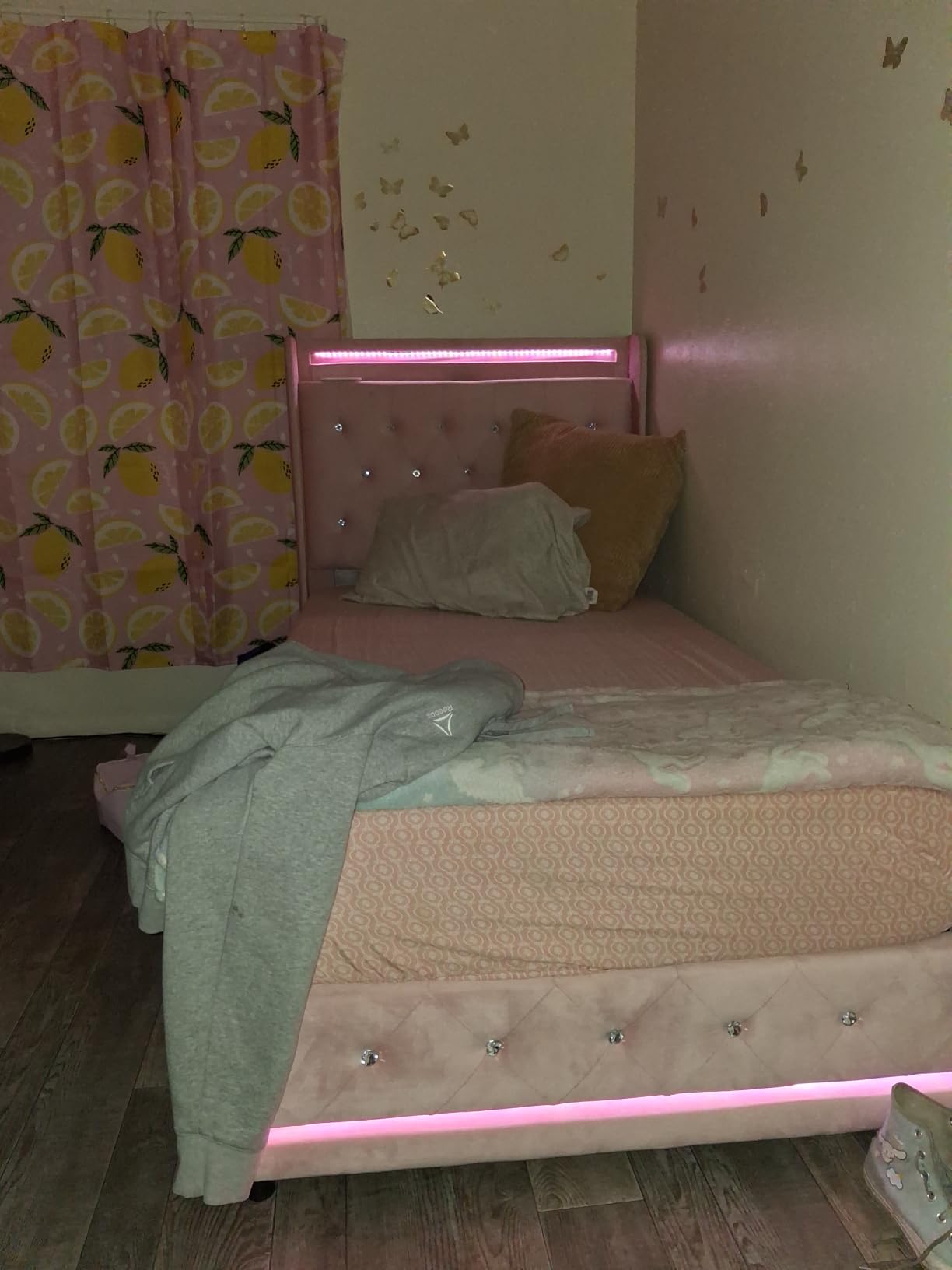 HIFIT Upholstered Full LED Bed Frame with Storage, Charging Headboard, Pink | Velvet Crystal Button-Tufted Princess Full Size Platform Bed, 2 Drawers, No Box Spring Needed, Noise-Free, Full Bed for Girls customer photo 2