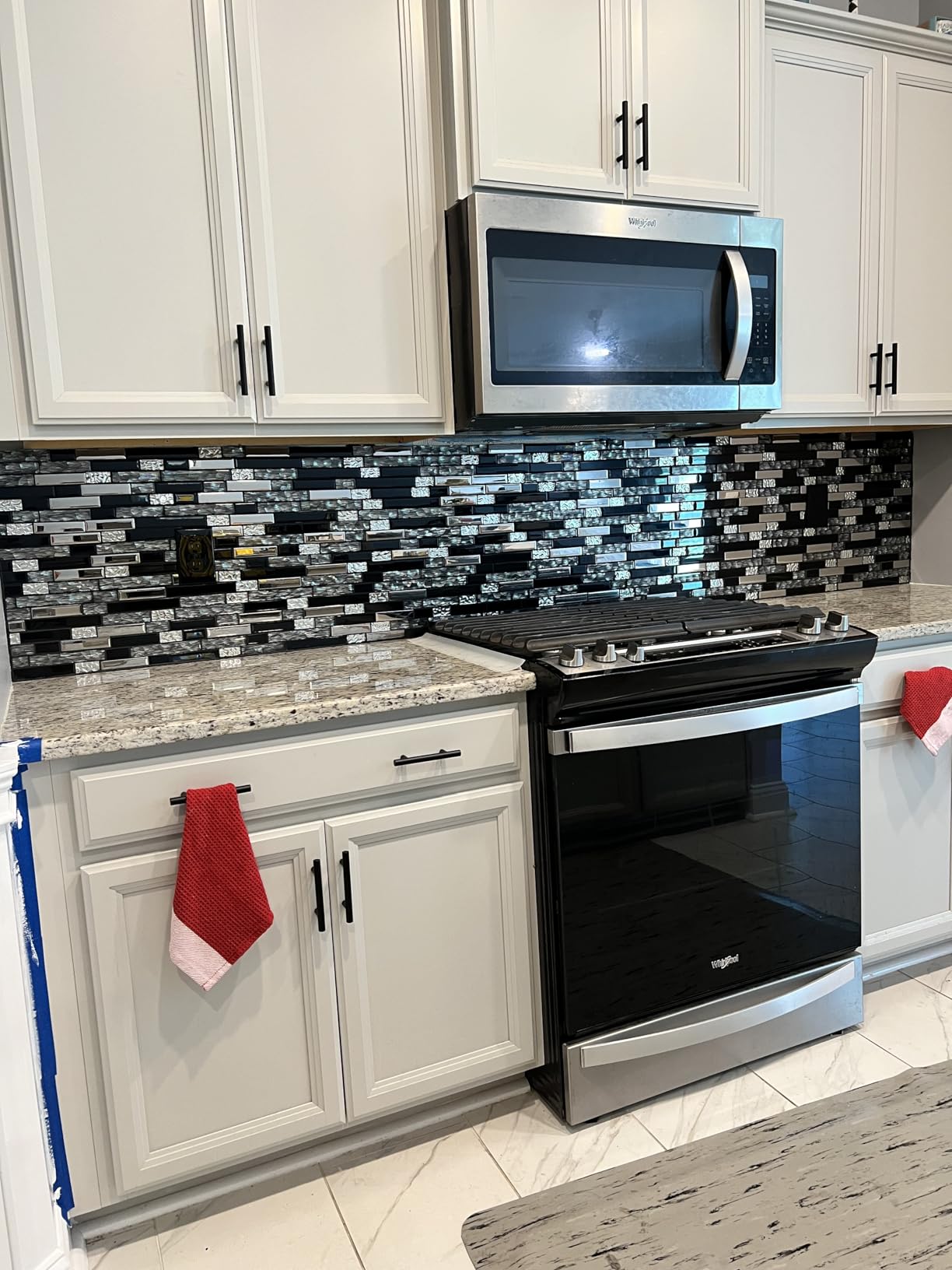 V-MOZZA 5-Sheet Blue Glass & Metal Mosaic Backsplash Tile - 11.8x11.7 Mixed White Crystal Glass Subway Tiles, Professional Heat-Resistant Wall Panels for Kitchen, Fireplace & Vanity (5 Sq. Ft.) customer photo 2