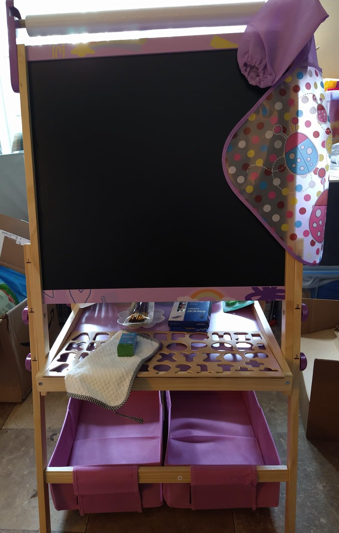 Pink 3-in-1 Wooden Kids Art Easel, Magnetic Whiteboard & Chalkboard | Height-Adjustable Double-Sided Easel with 3 Paper Rolls and Accessories Included, for Kids Ages 3+ customer photo 1
